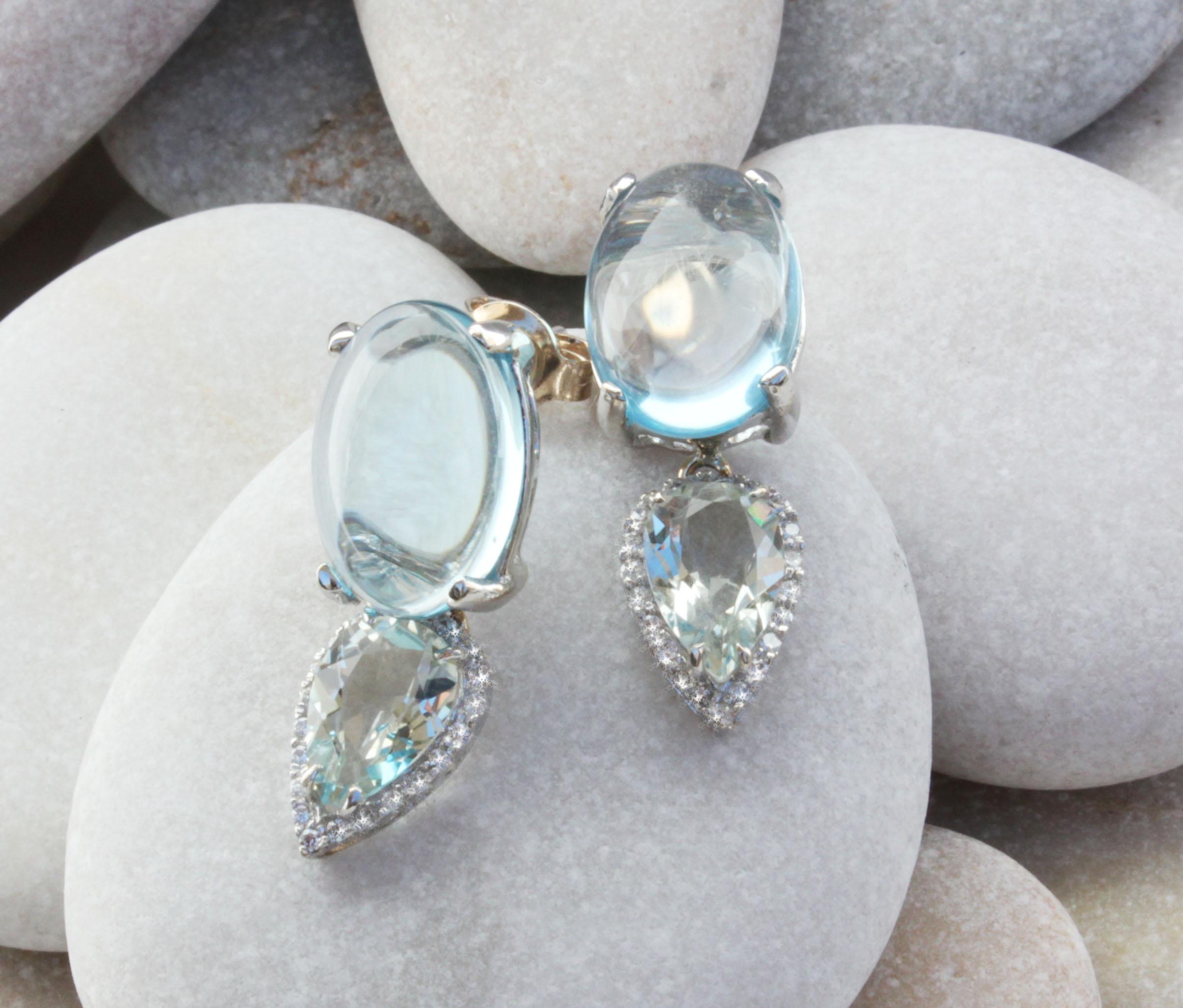 Contemporary 18kt  White Gold Blue Topaz White Diamonds Prasiolite Timeless Modern Earrings  For Sale