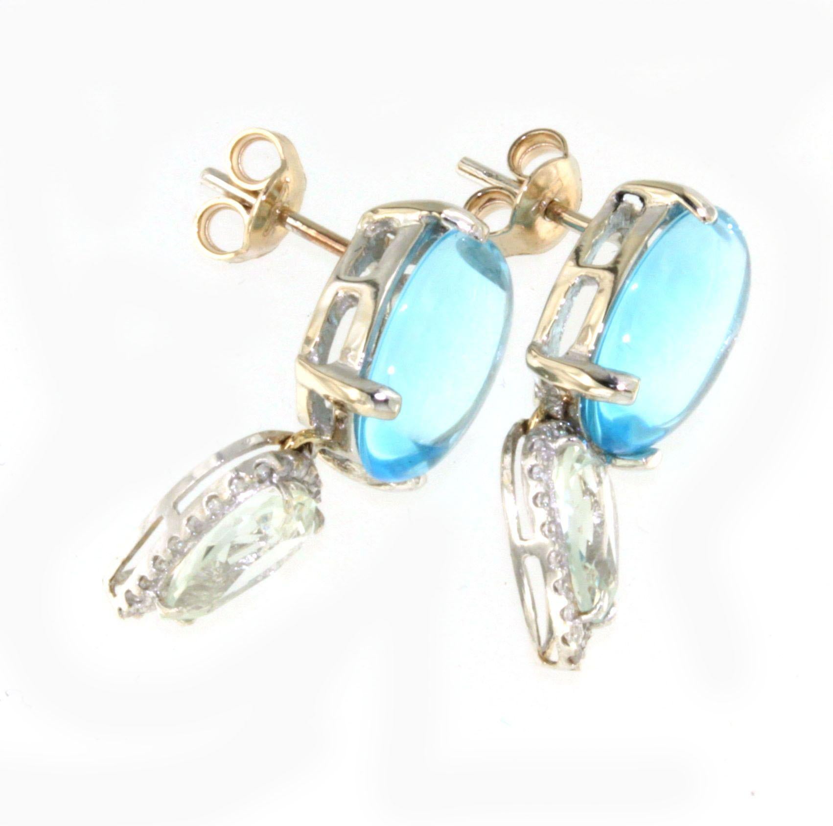 Oval Cut 18kt  White Gold Blue Topaz White Diamonds Prasiolite Timeless Modern Earrings  For Sale