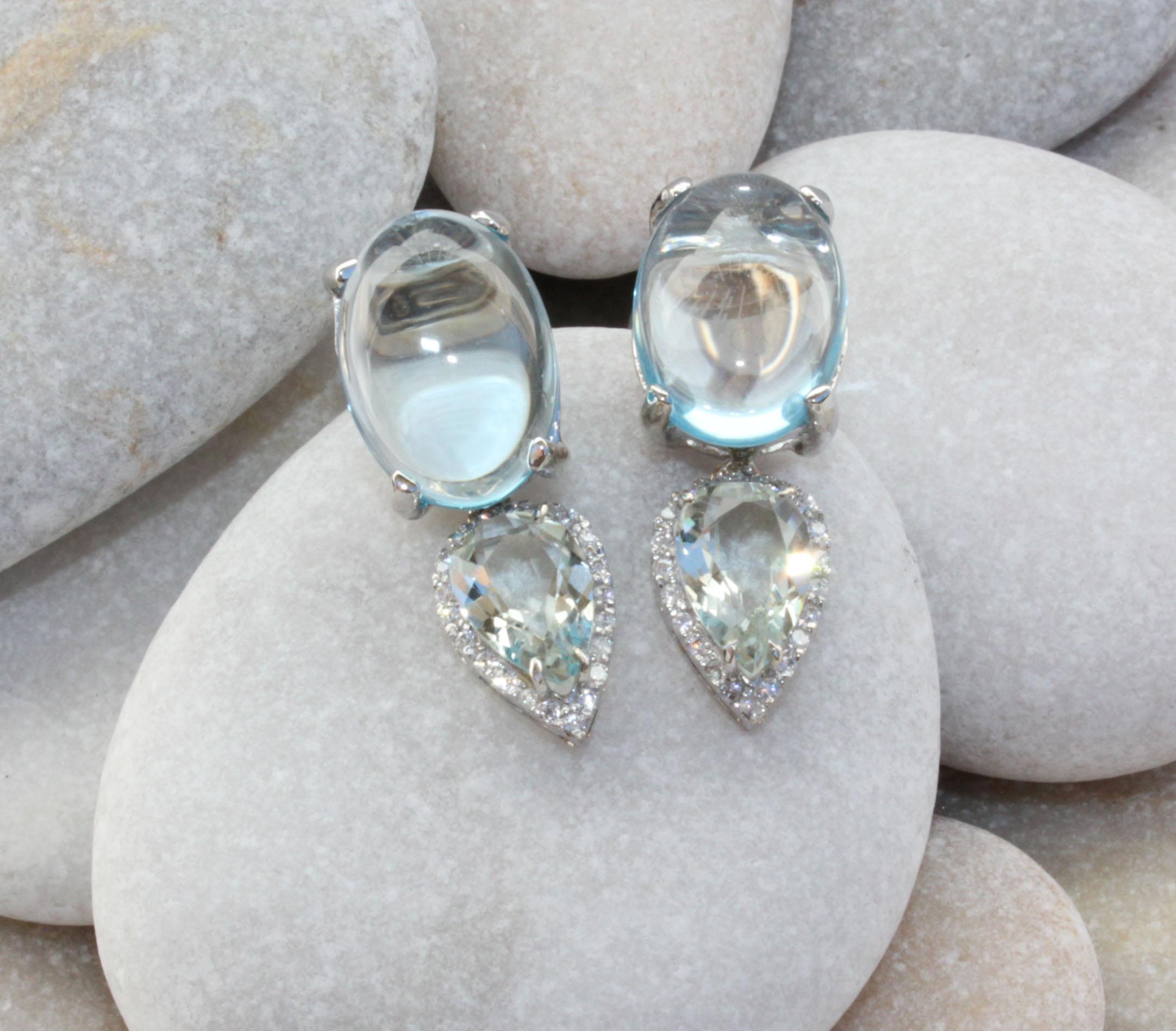 18kt  White Gold Blue Topaz White Diamonds Prasiolite Timeless Modern Earrings  In New Condition For Sale In GALLARATE, IT