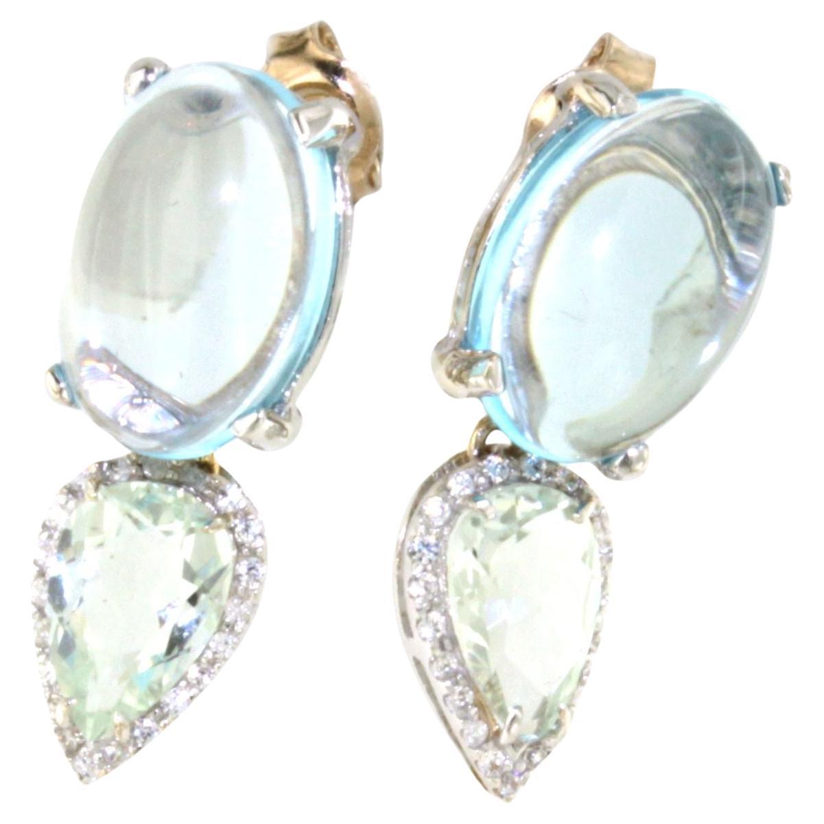 18kt  White Gold Blue Topaz White Diamonds Prasiolite Timeless Modern Earrings 