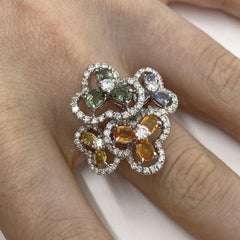 18Kt White Gold Boquet Flower Ring Diamonds & Sapphires Orange Green Yellow Blue