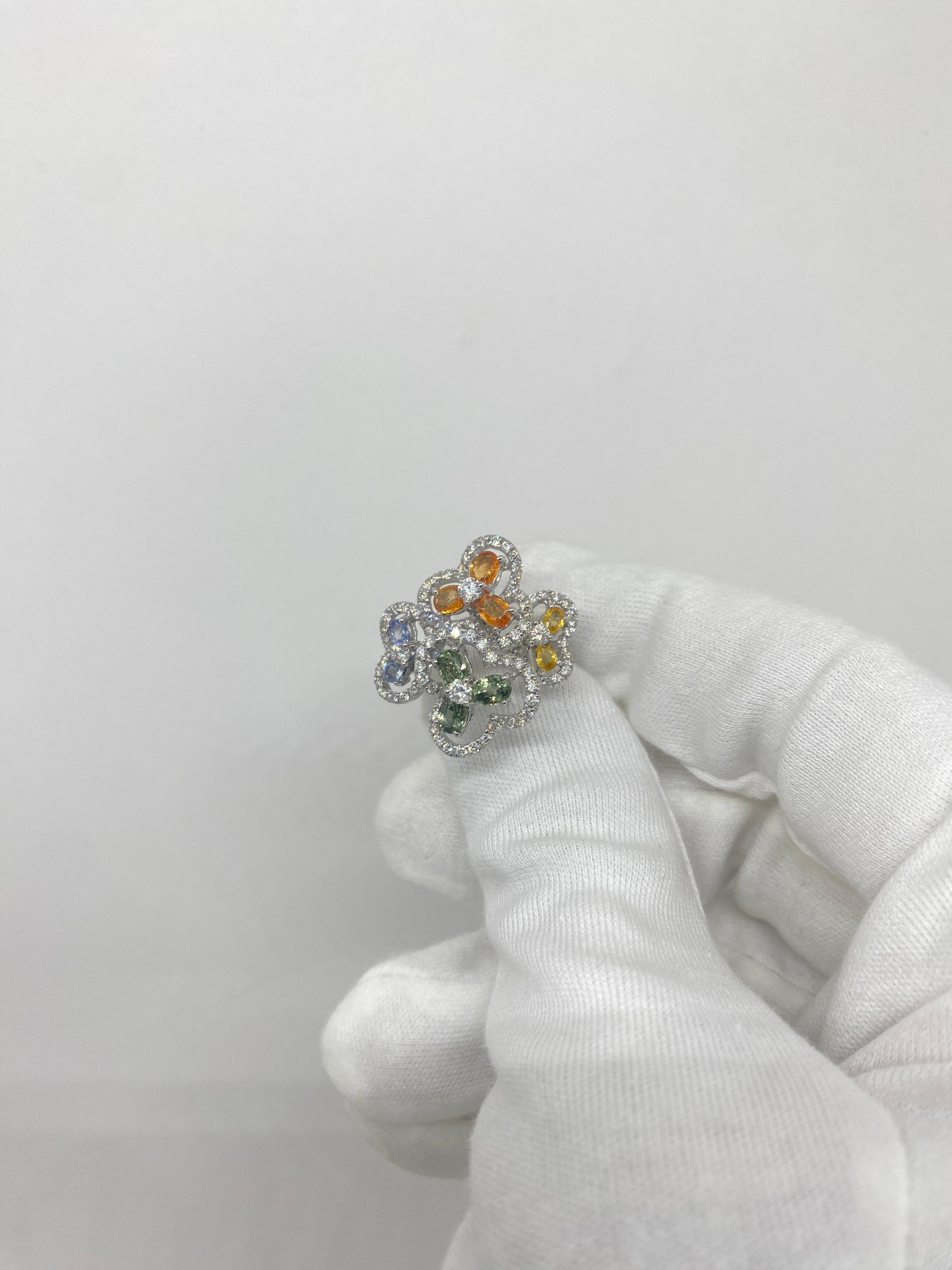 Brilliant Cut 18Kt White Gold Boquet Flower Ring Diamonds & Sapphires Orange Green Yellow Blue For Sale