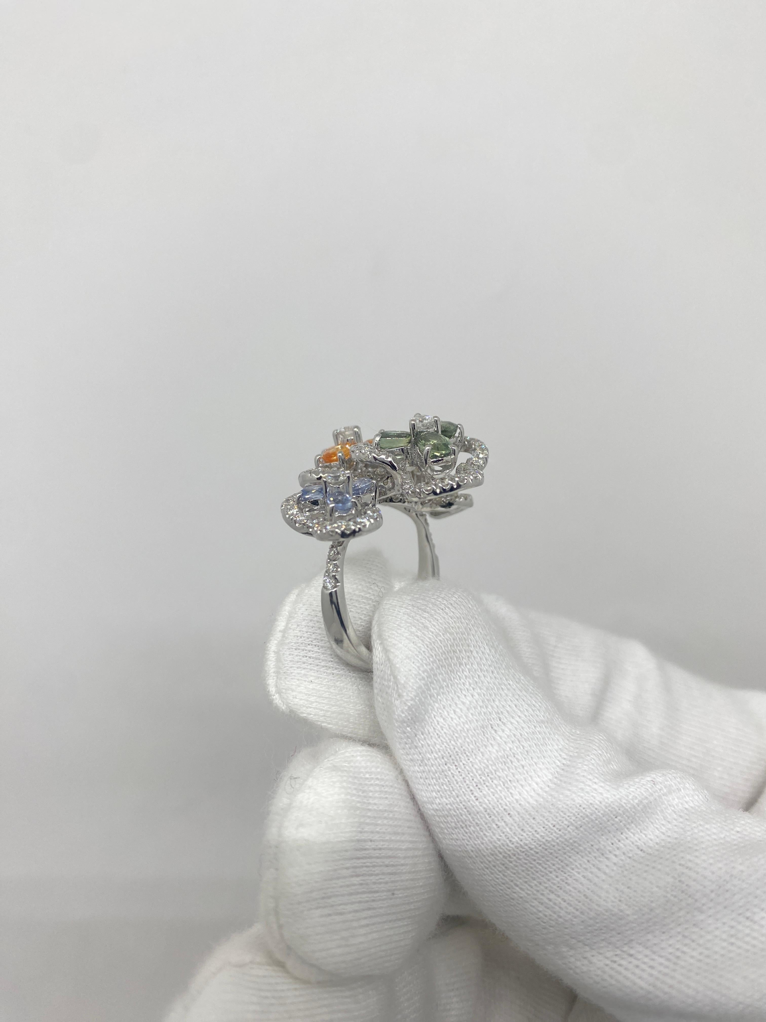 Women's 18Kt White Gold Boquet Flower Ring Diamonds & Sapphires Orange Green Yellow Blue For Sale