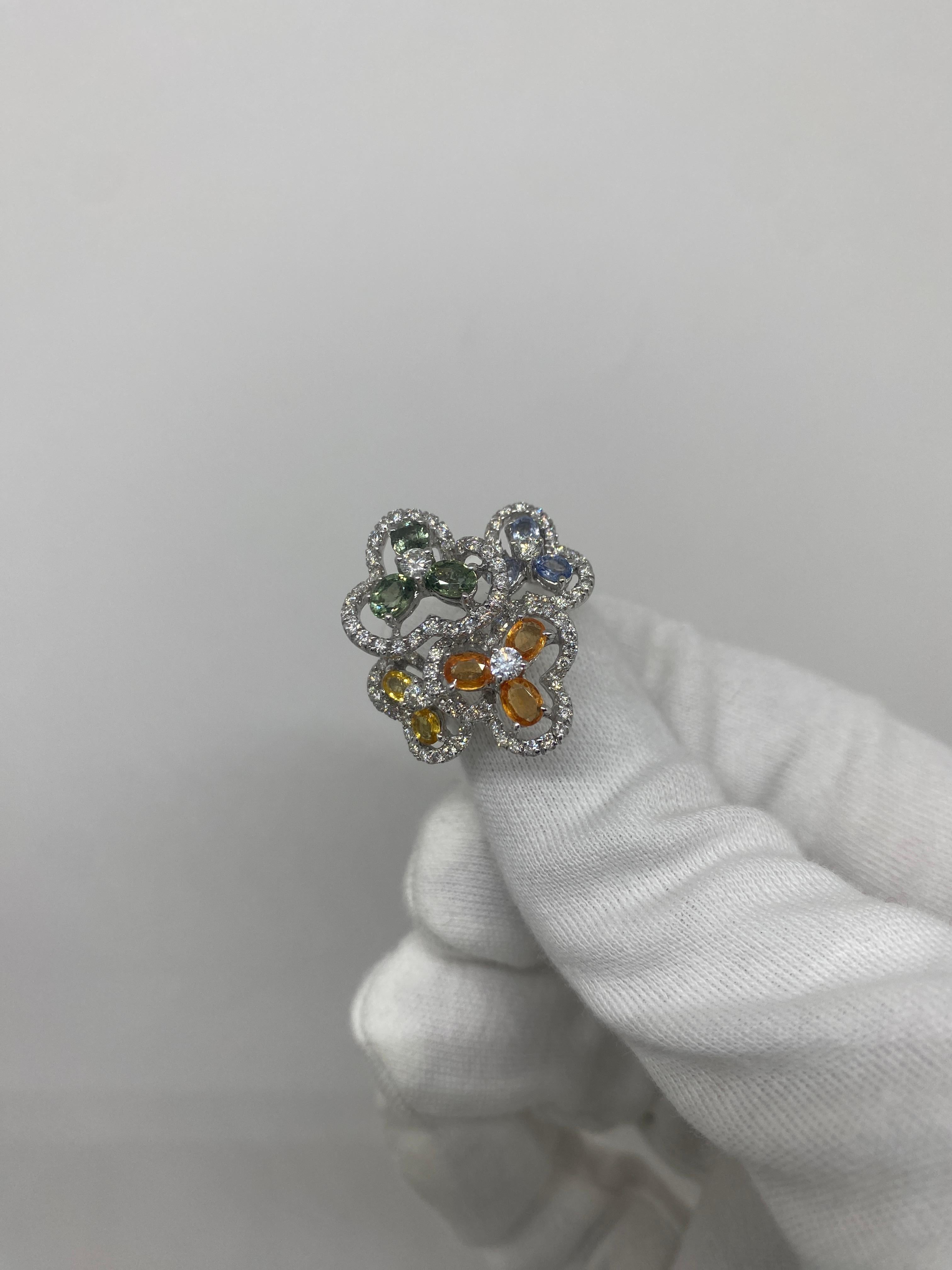 18Kt White Gold Boquet Flower Ring Diamonds & Sapphires Orange Green Yellow Blue For Sale 1