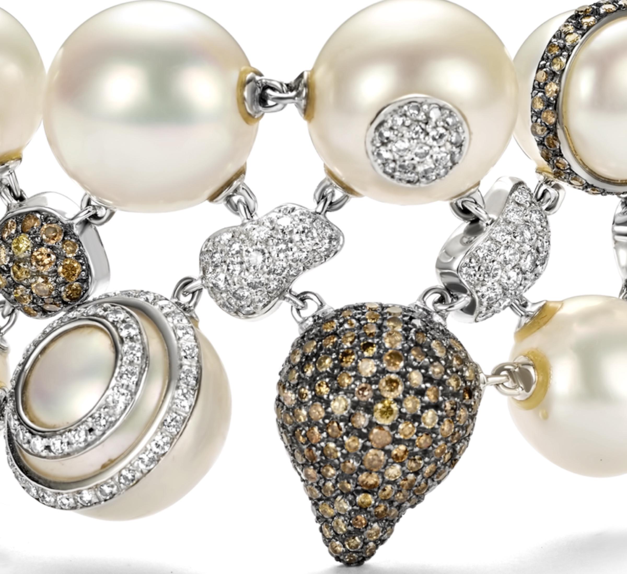 Femenino o masculino Pulsera de oro blanco de 18 quilates 12,6 ct Diamantes blancos y coñac Perla Tiene Anillo a juego en venta