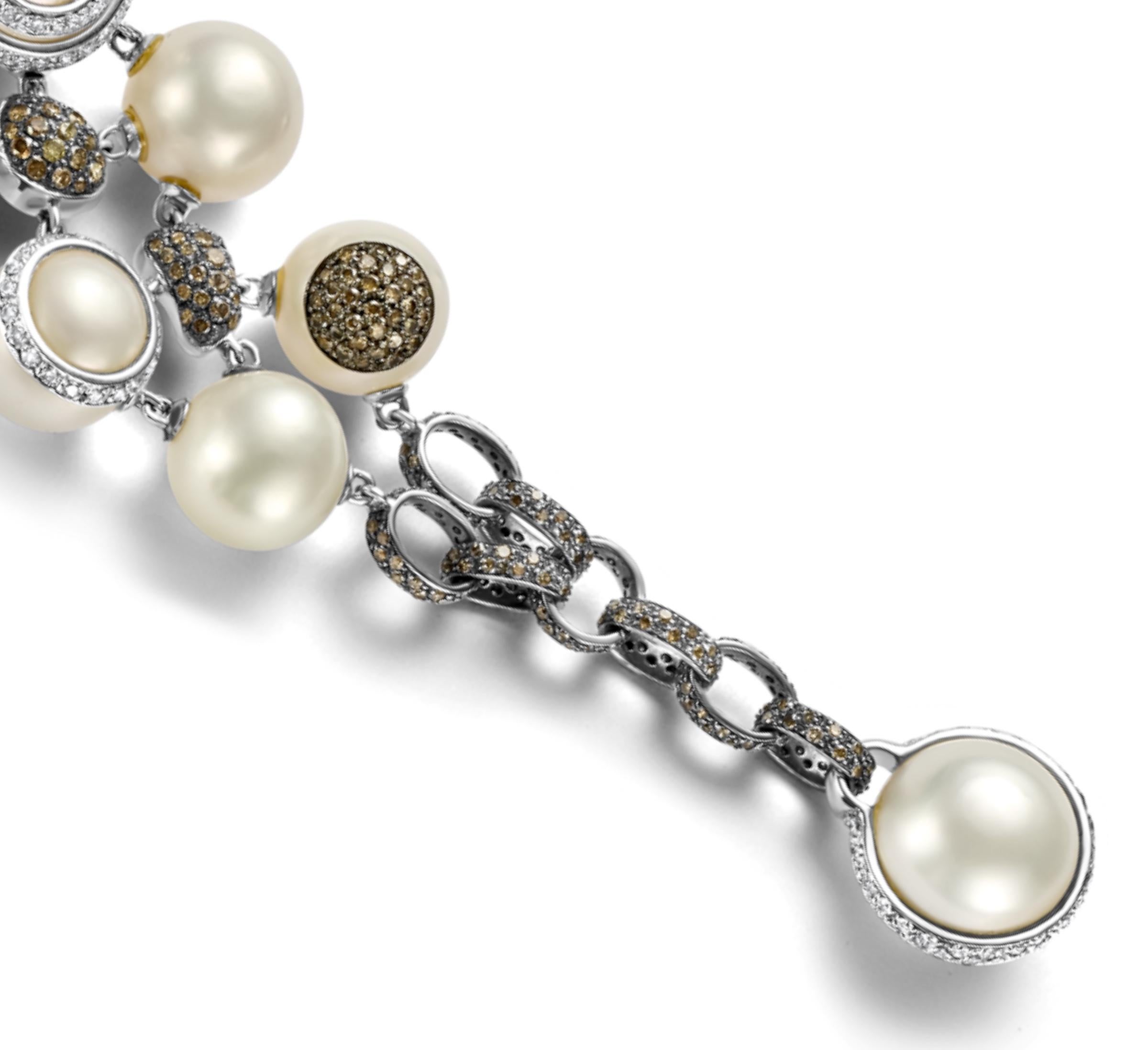 18kt White Gold Bracelet 12.6ct White & Cognac Diamonds Pearl Has Matching Ring For Sale 7