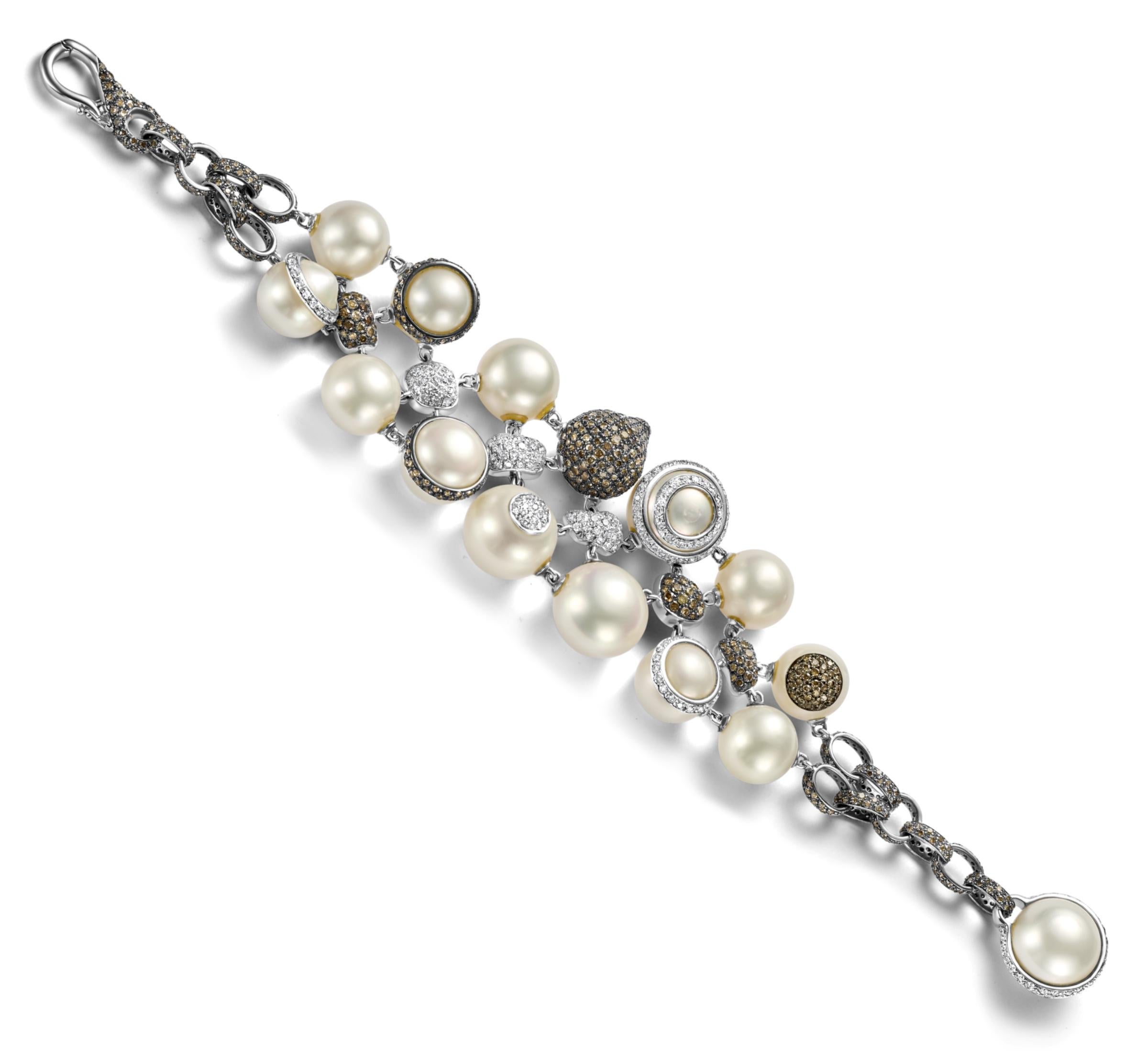 18kt White Gold Bracelet 12.6ct White & Cognac Diamonds Pearl Has Matching Ring For Sale 2