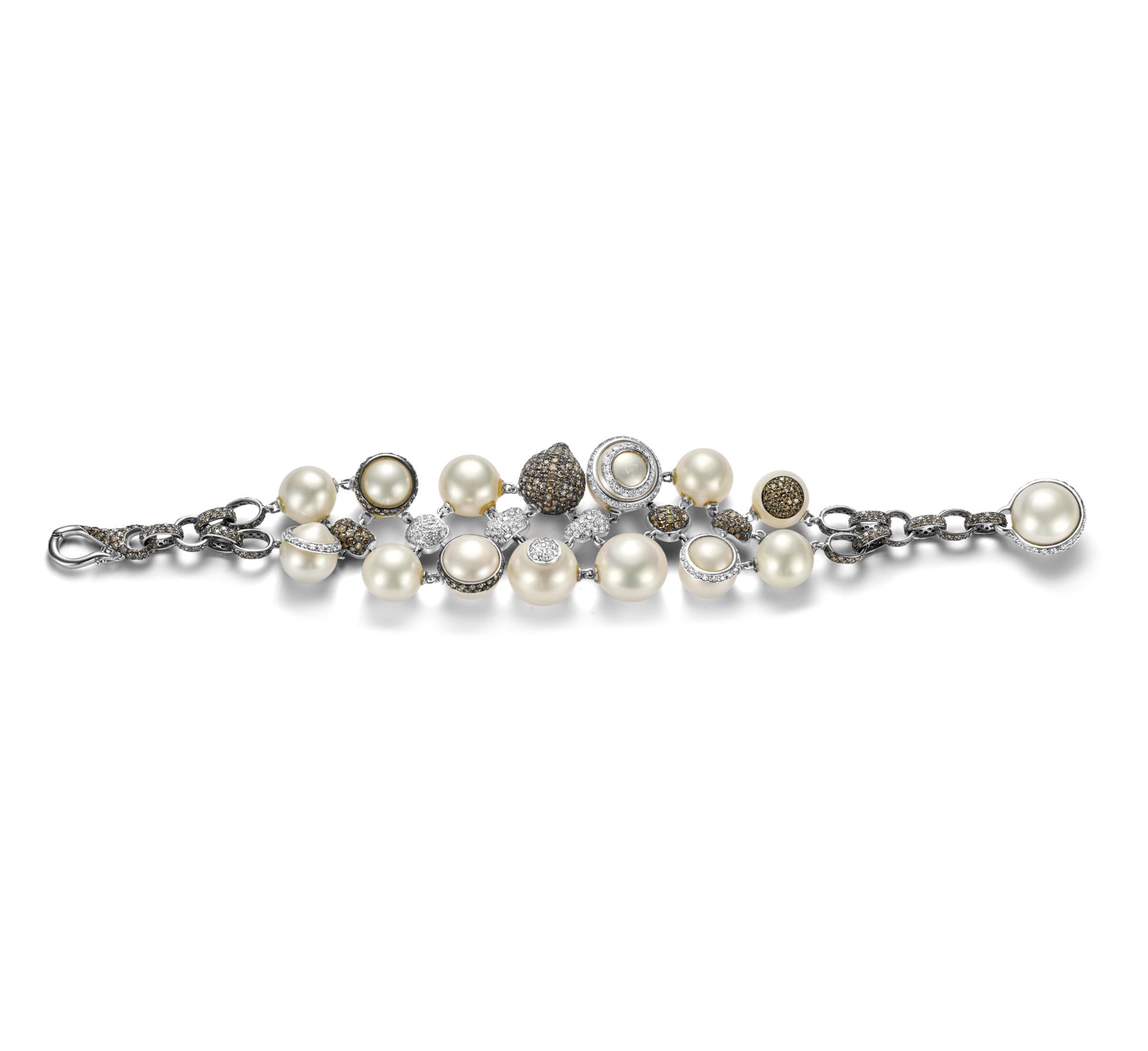18kt White Gold Bracelet 12.6ct White & Cognac Diamonds Pearl Has Matching Ring For Sale 8
