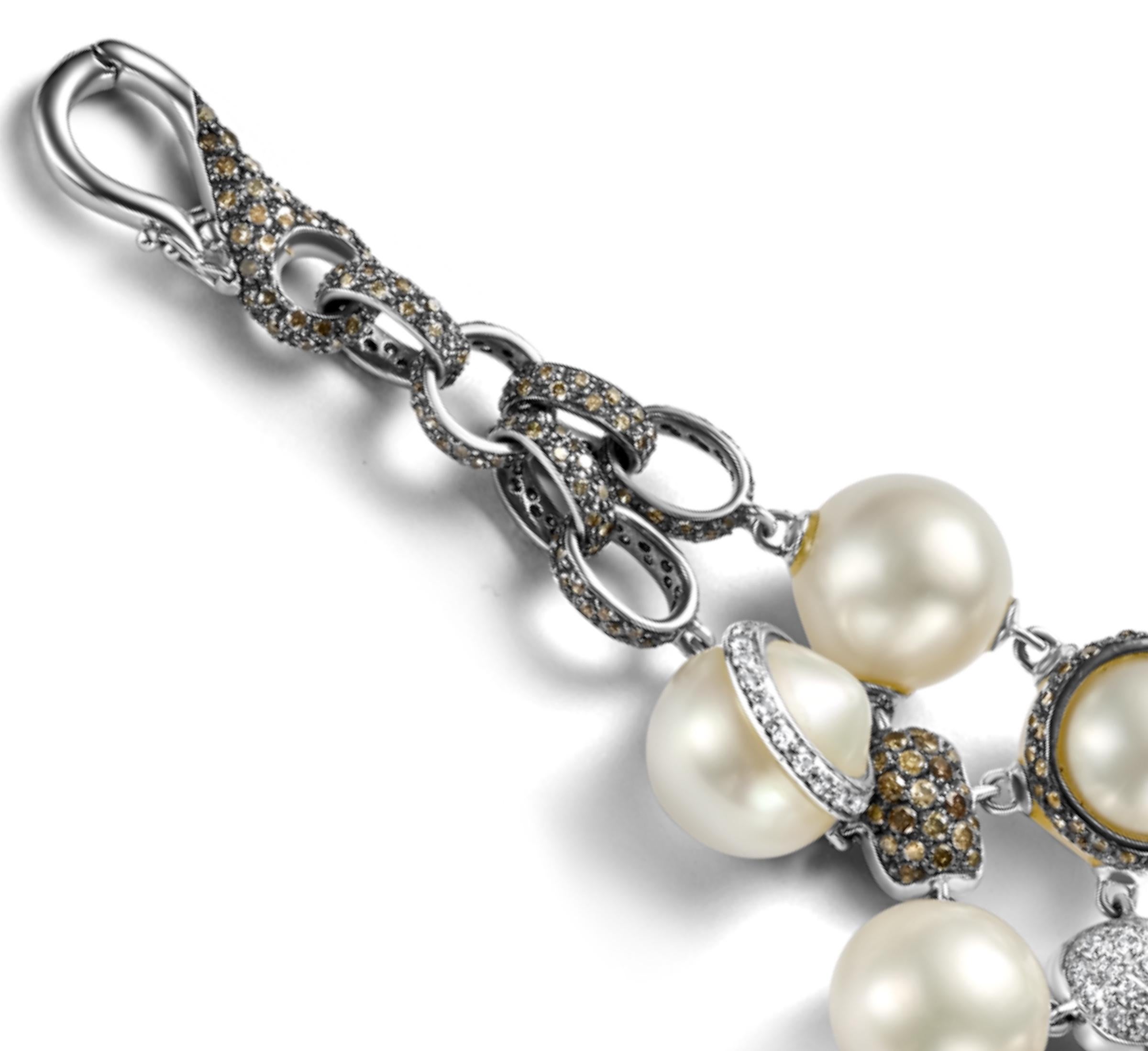 18kt White Gold Bracelet 12.6ct White & Cognac Diamonds Pearl Has Matching Ring For Sale 3