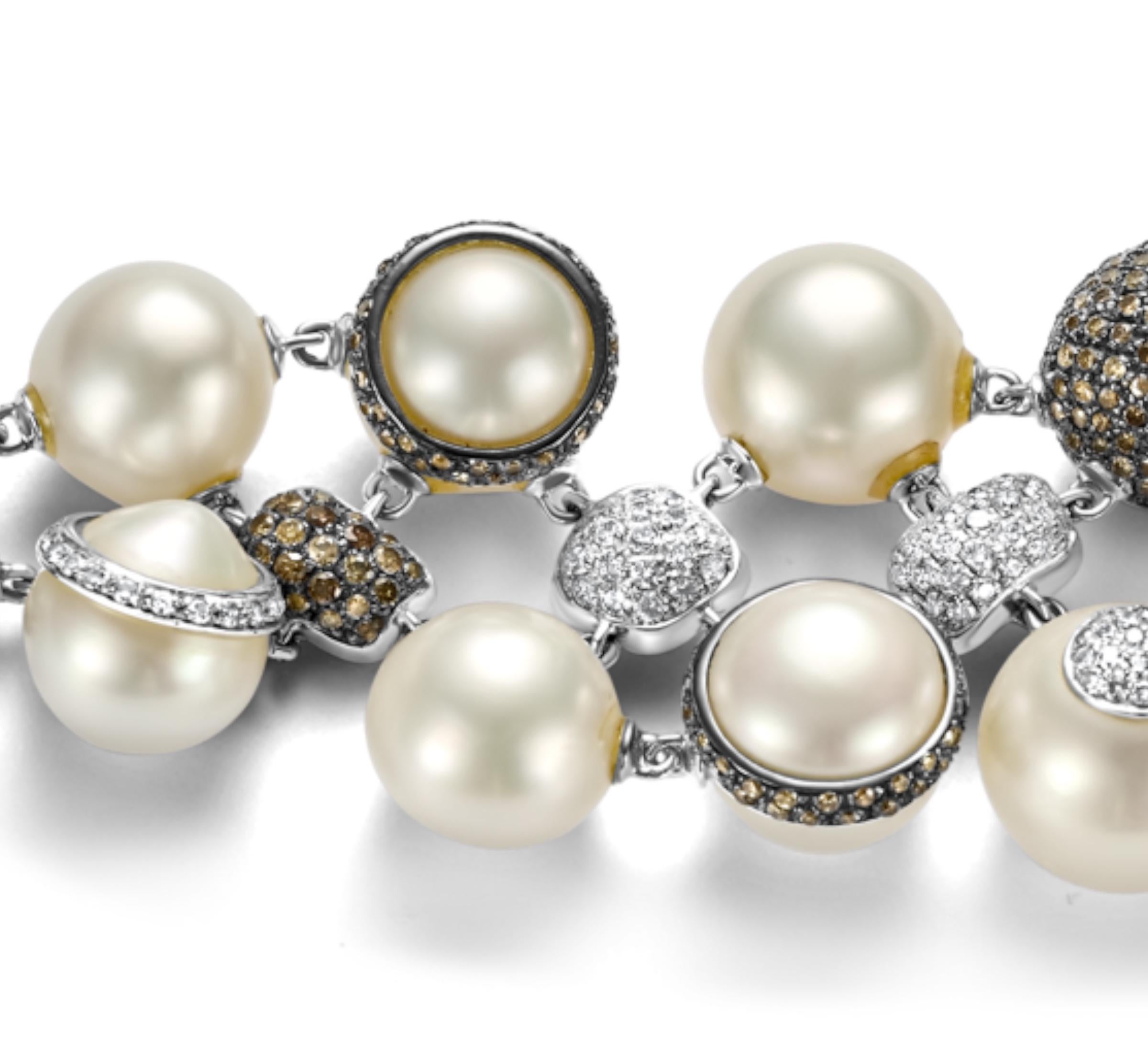 18kt White Gold Bracelet 12.6ct White & Cognac Diamonds Pearl Has Matching Ring For Sale 6
