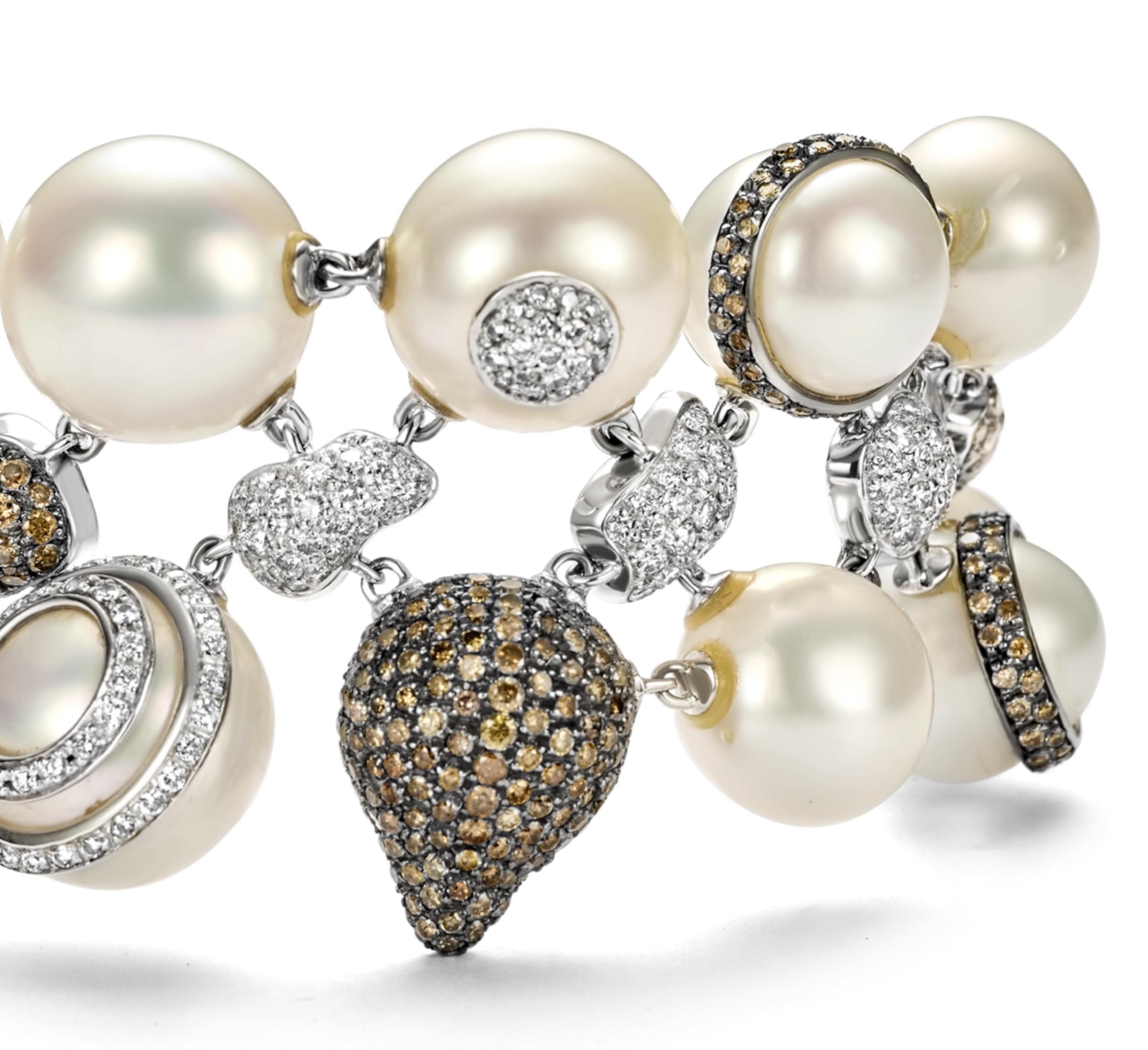 Women's or Men's 18kt White Gold Bracelet 12.6ct White & Cognac Diamonds Pearl Has Matching Ring For Sale