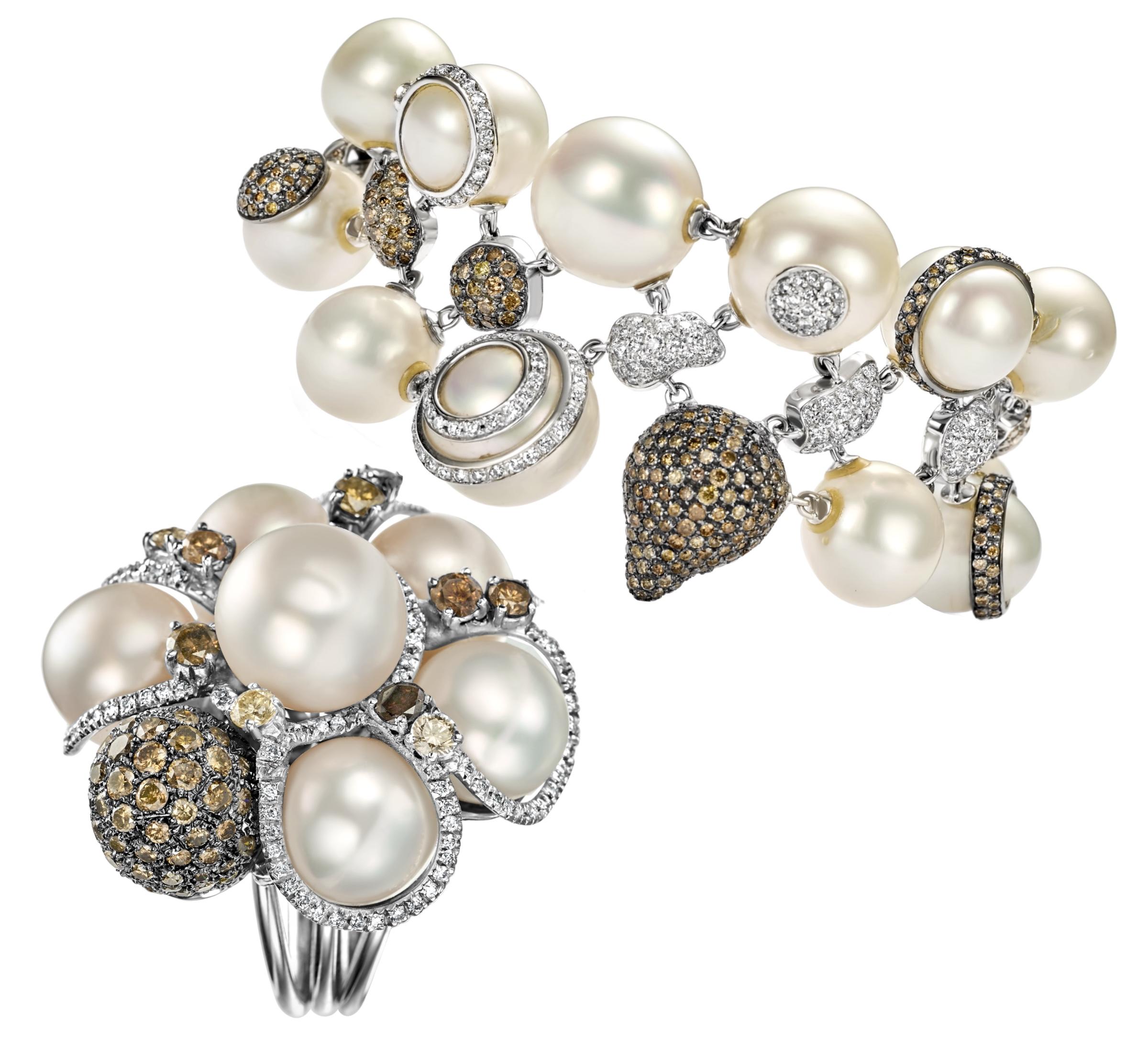 18kt White Gold Bracelet 12.6ct White & Cognac Diamonds Pearl Has Matching Ring For Sale 9