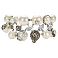 Pulsera de oro blanco de 18 quilates 12,6 ct Diamantes blancos y coñac Perla Tiene Anillo a juego