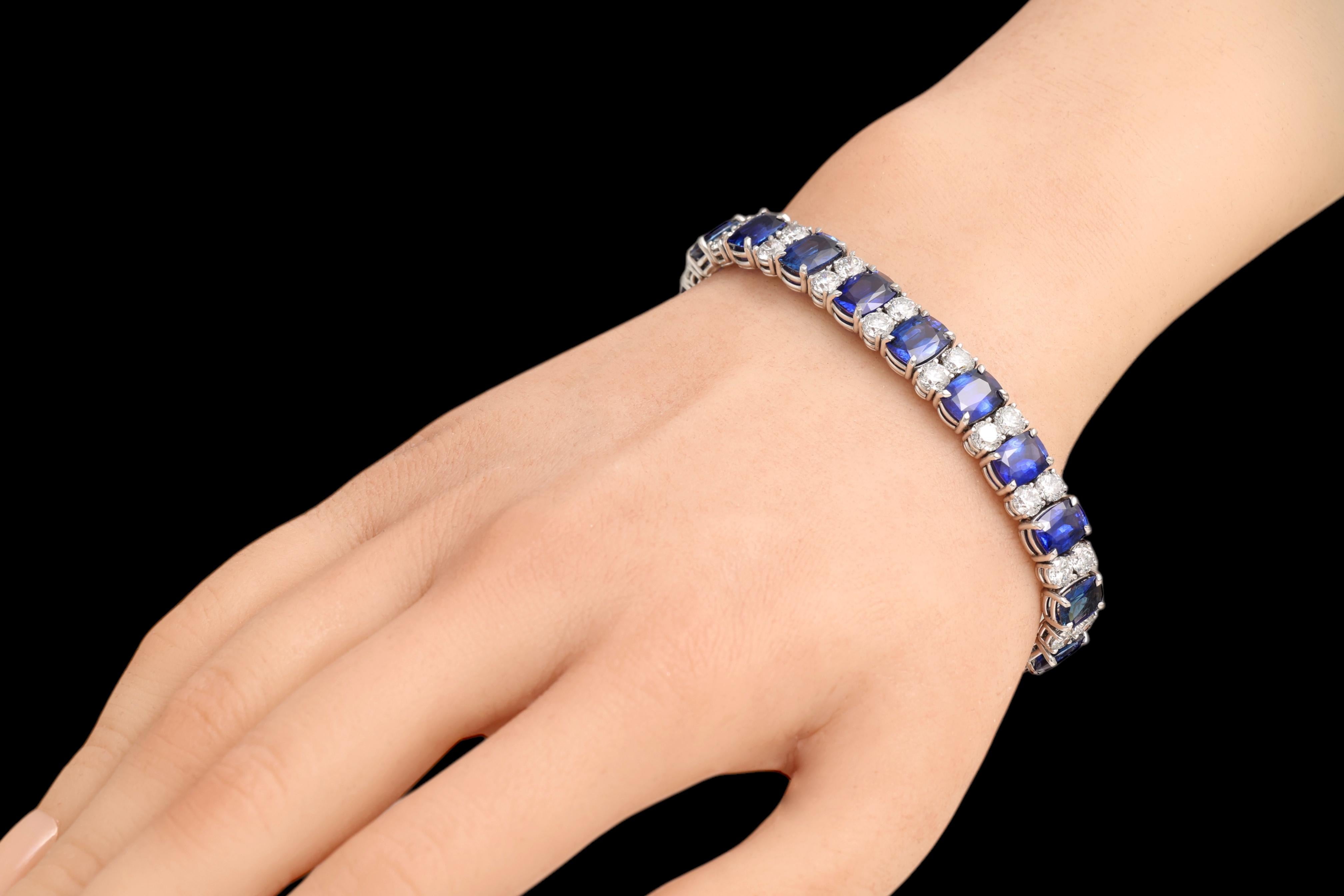Cushion Cut 18kt White Gold Bracelet  27.33ct Sapphires, 9ct Diamonds, CGL Certificated For Sale