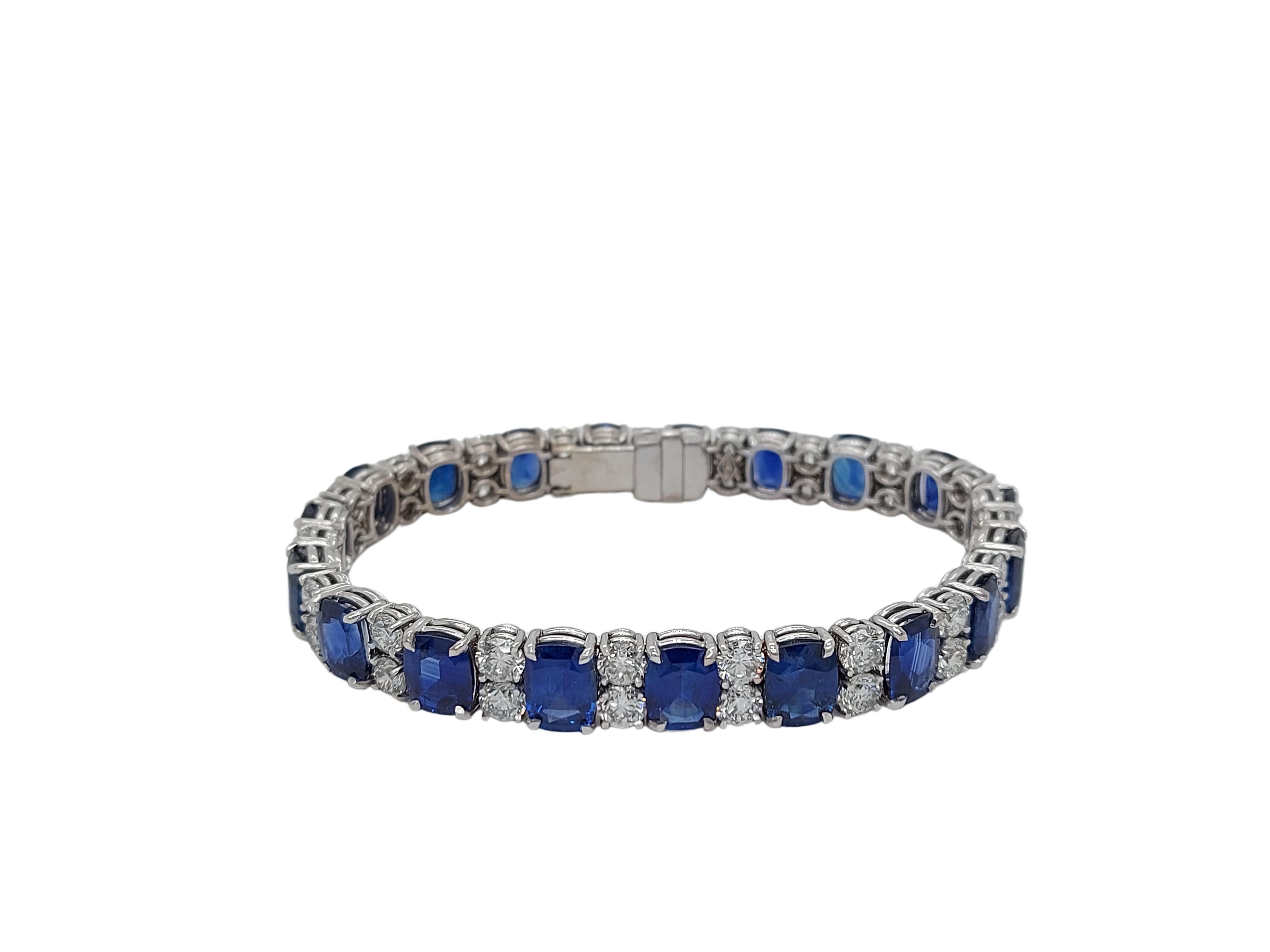 Cushion Cut 18kt White Gold Bracelet  27.33ct Sapphires, 9ct Diamonds, CGL Certificated For Sale