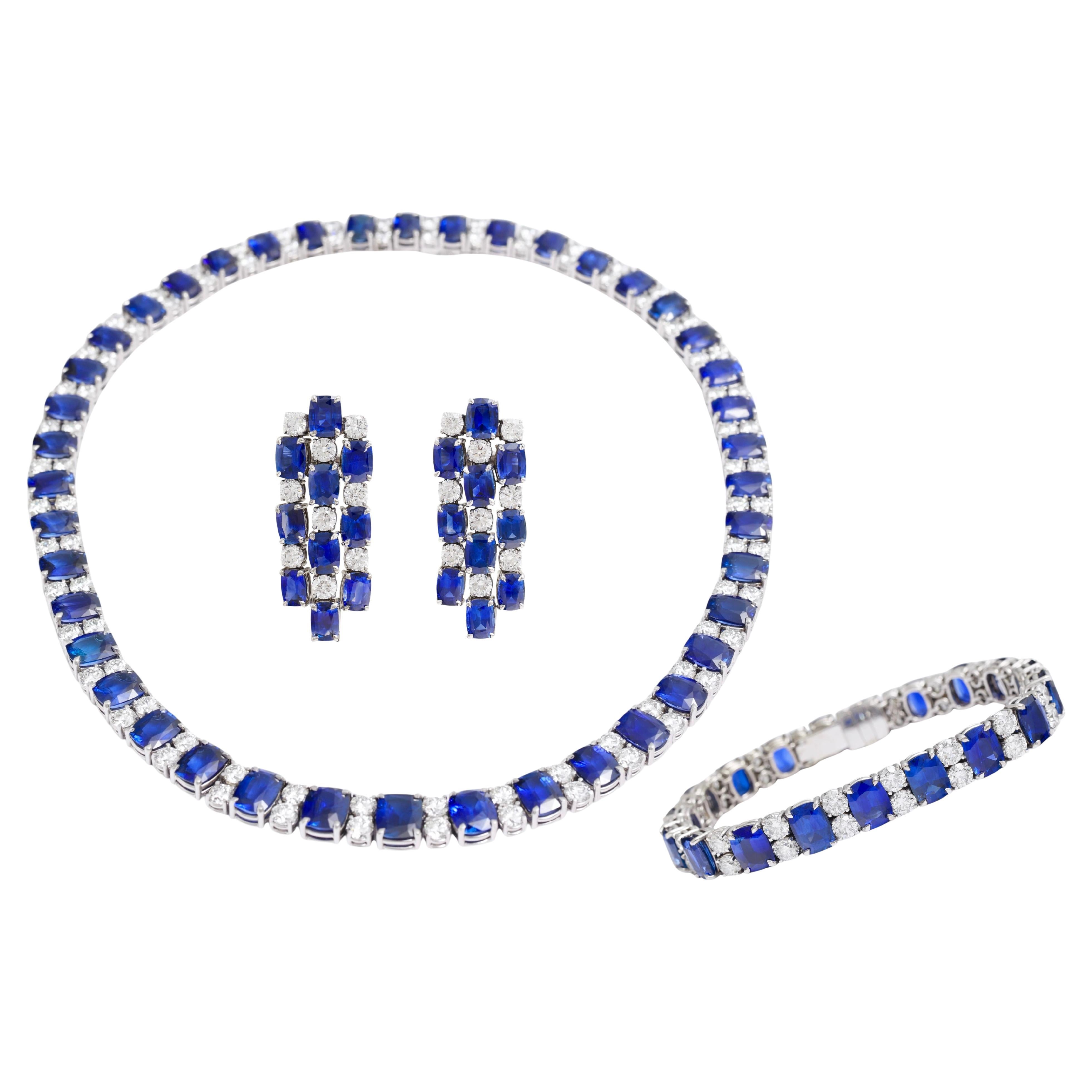 18kt White Gold Bracelet Set Necklace Earring Sapphire Diamonds  CGL Certified