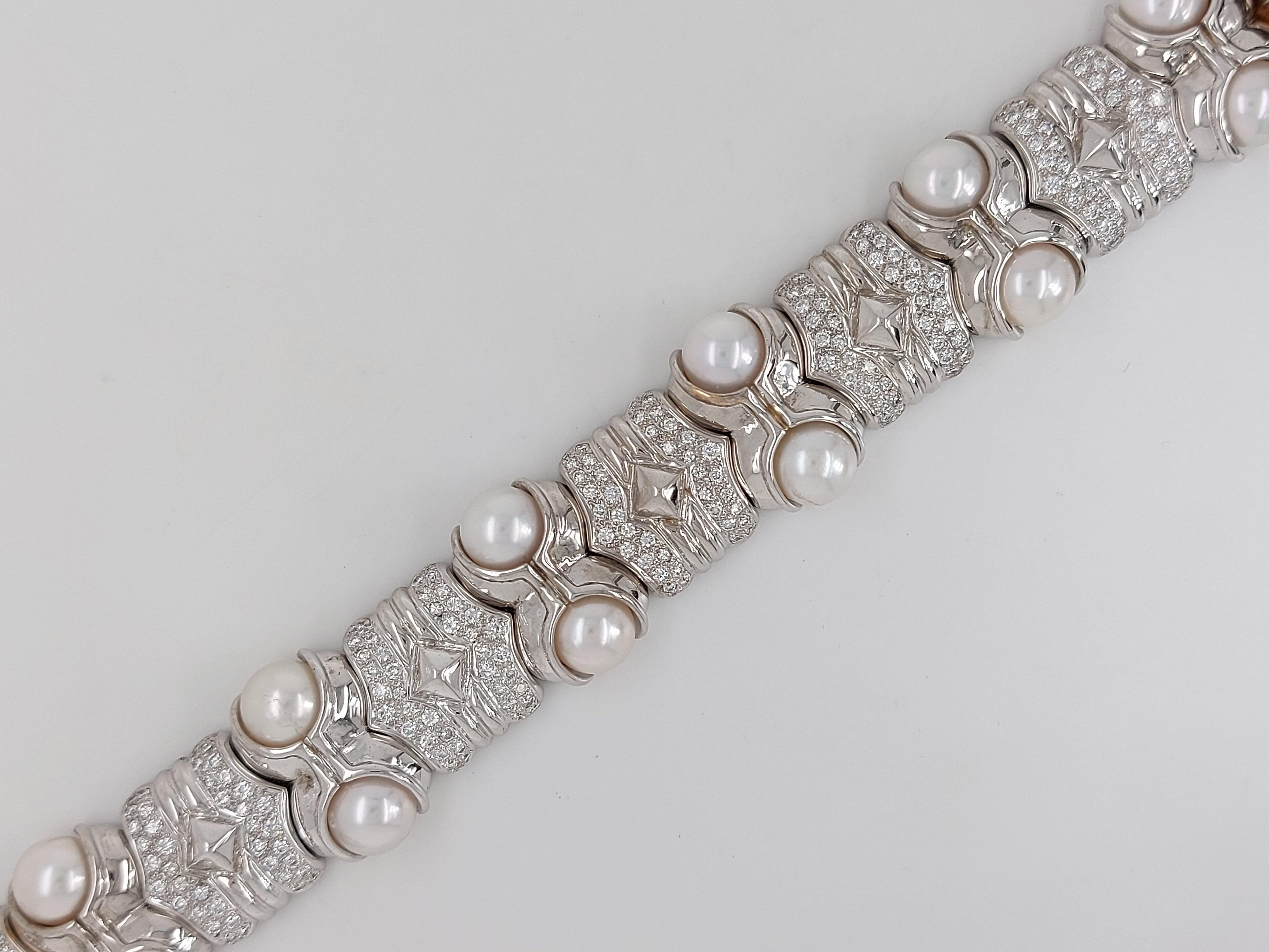 Bracelet en or blanc 18 carats avec diamants et perles taille brillant en vente 5