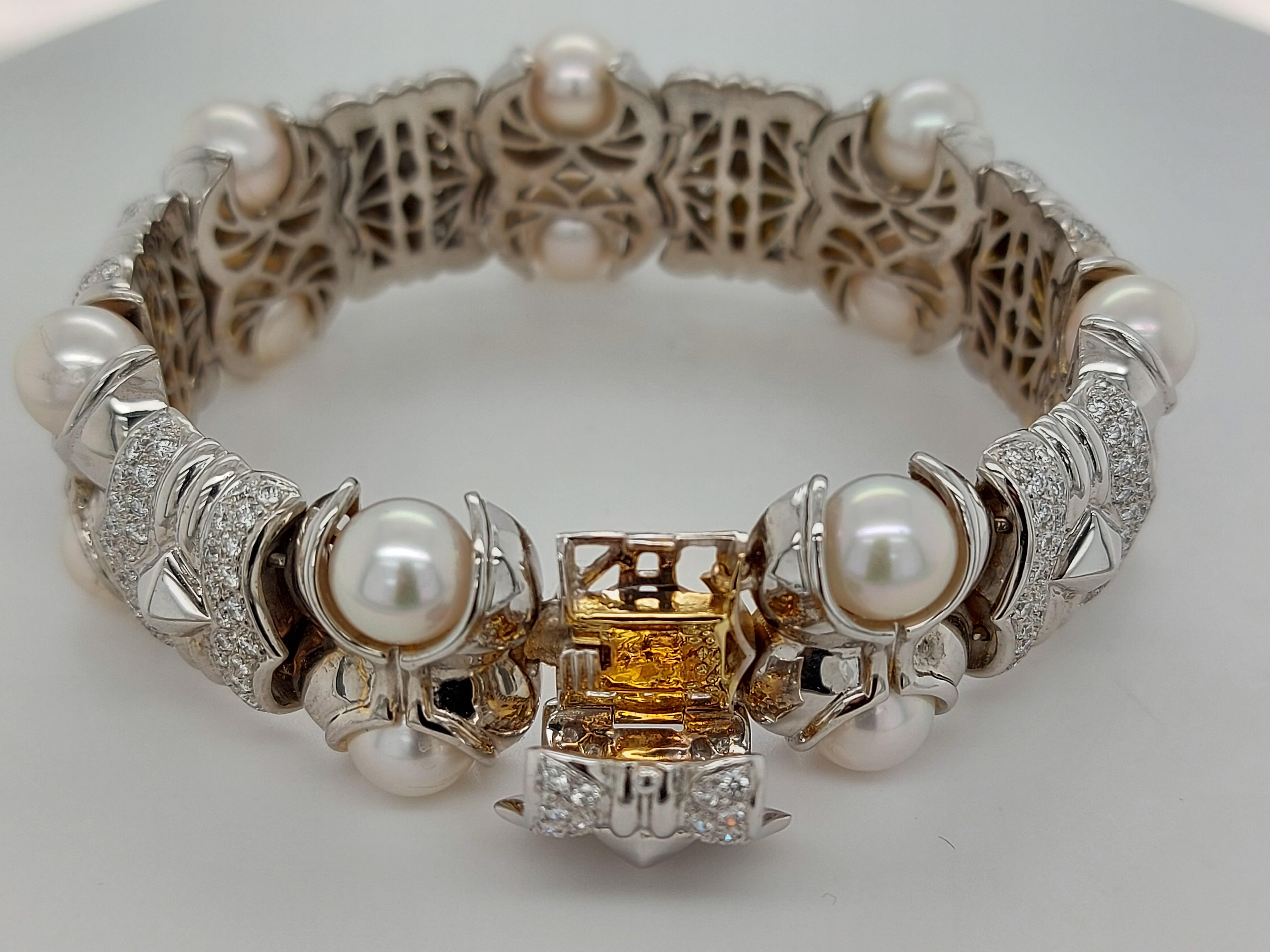 Bracelet en or blanc 18 carats avec diamants et perles taille brillant en vente 6