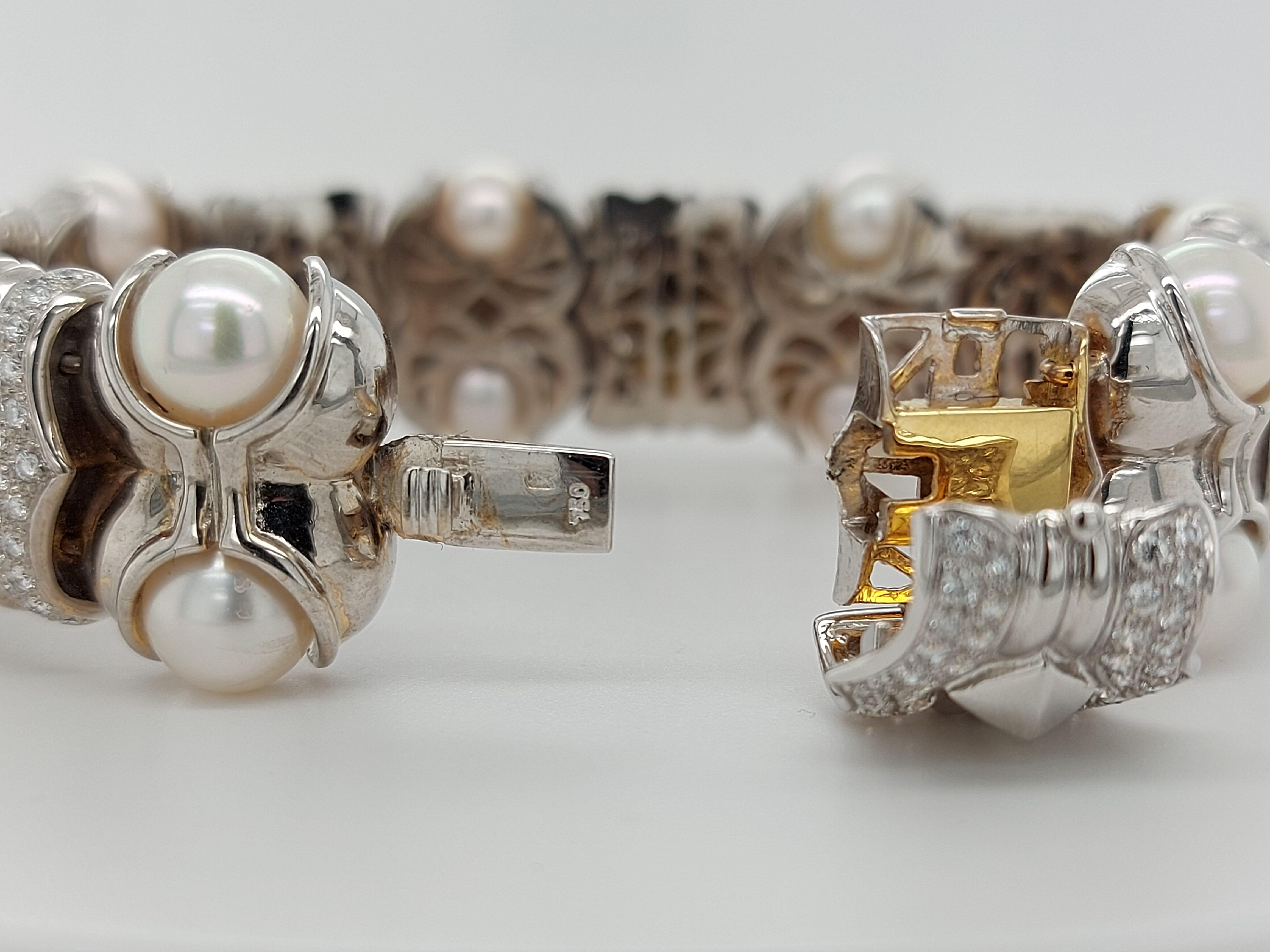 Bracelet en or blanc 18 carats avec diamants et perles taille brillant en vente 7
