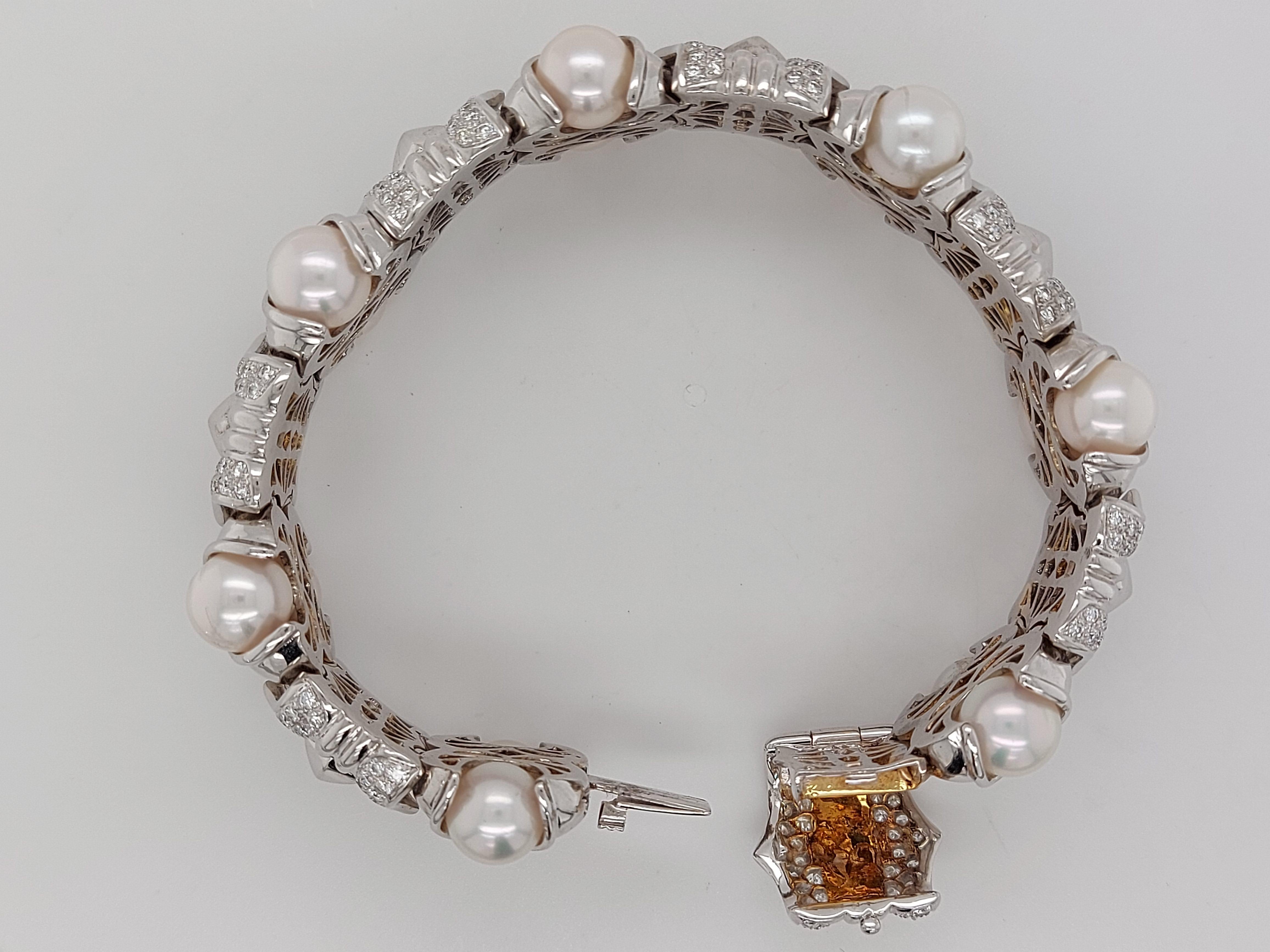 Bracelet en or blanc 18 carats avec diamants et perles taille brillant en vente 8