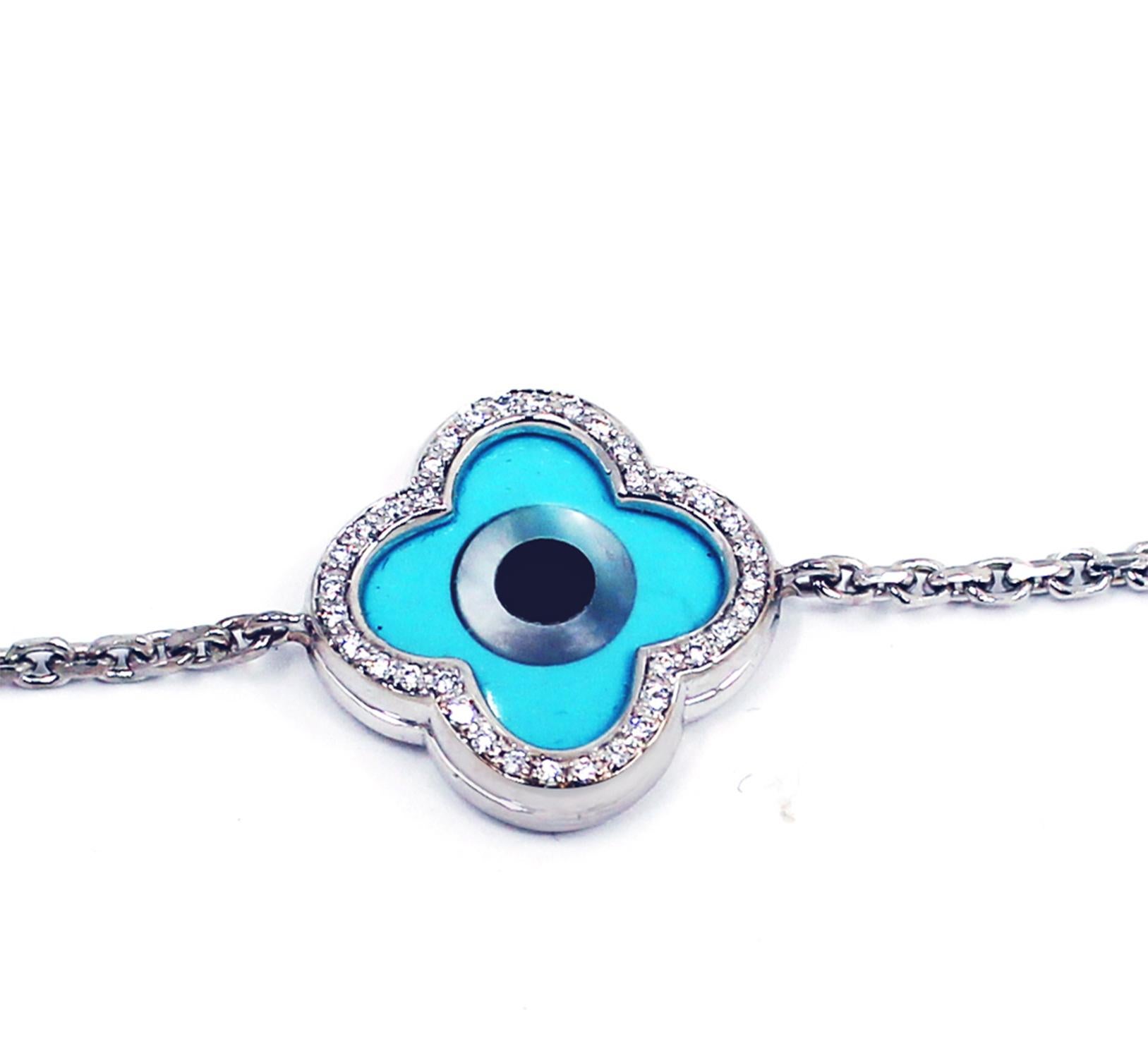 Modern 18 Karat White Gold Bracelet with Diamonds, Turquoise and Mother of Pearl Inlay For Sale