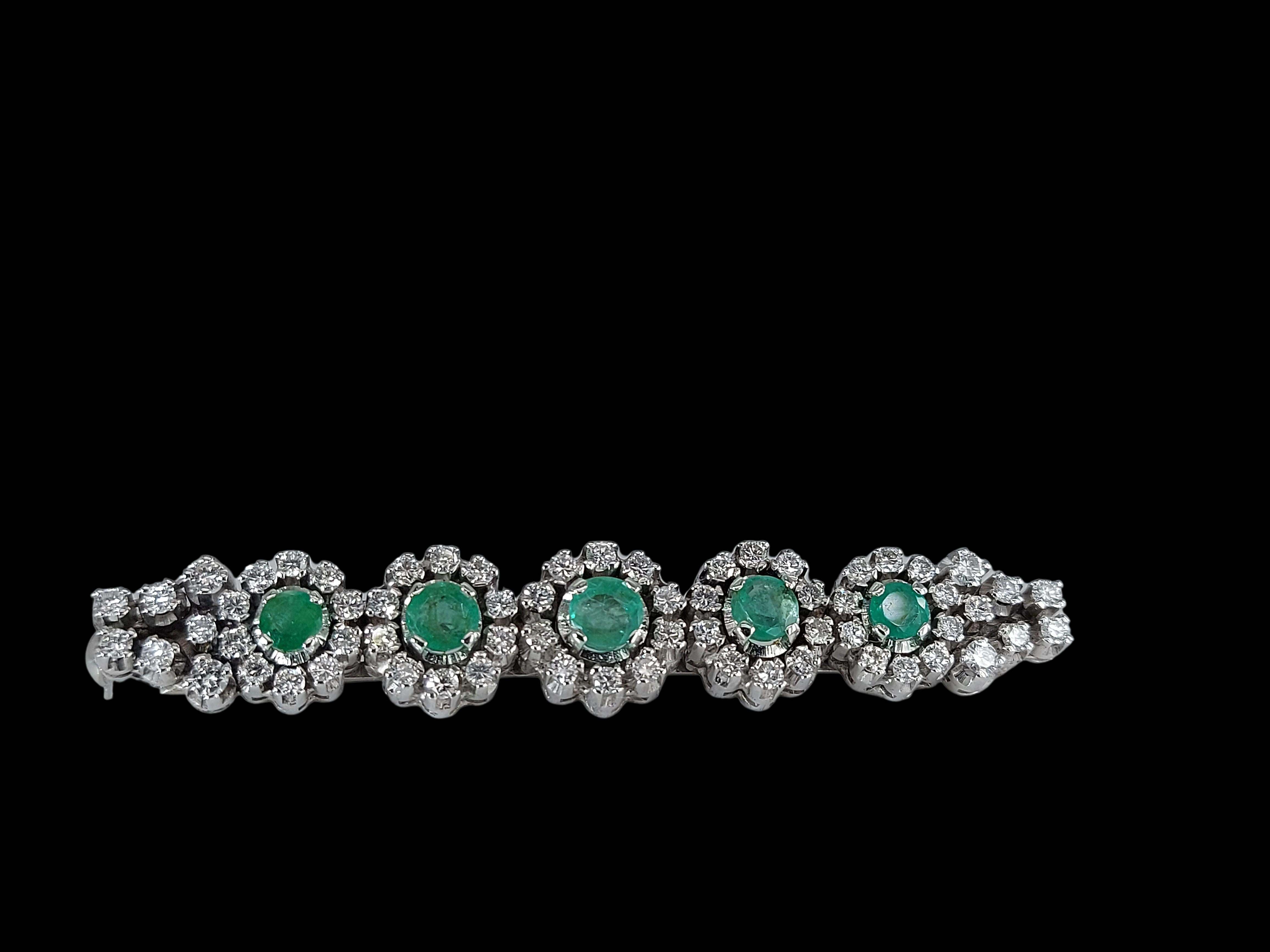 Artisan 18kt White Gold Brooch with Emeralds & 2.7 Ct Diamonds For Sale