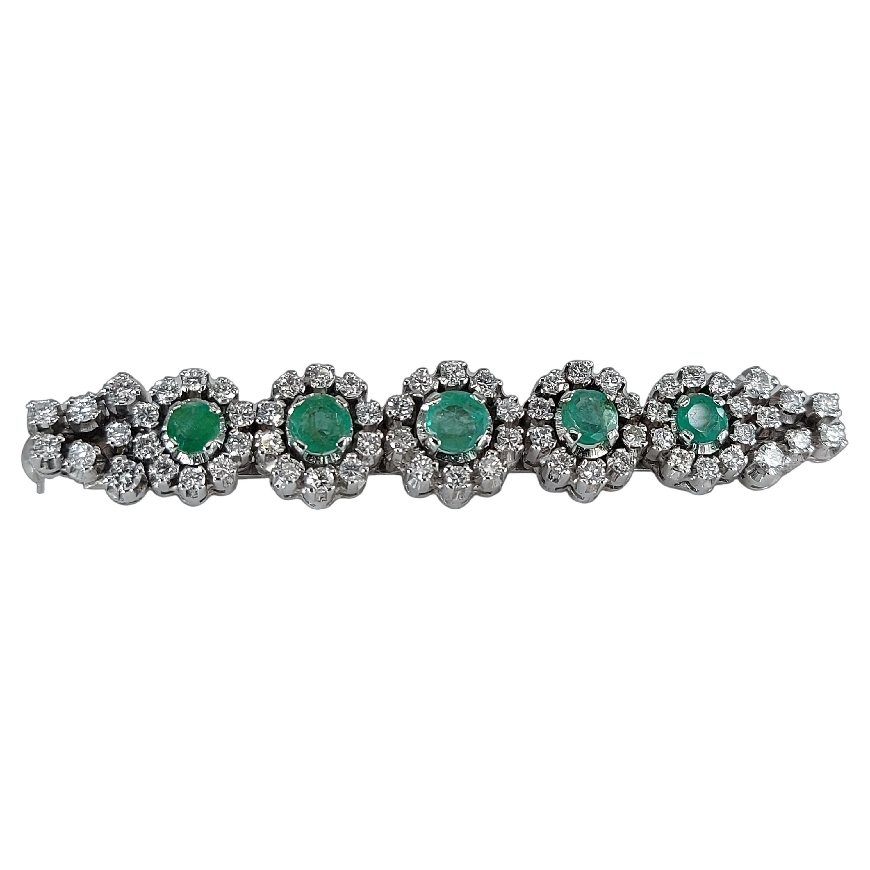 18kt White Gold Brooch with Emeralds & 2.7 Ct Diamonds For Sale