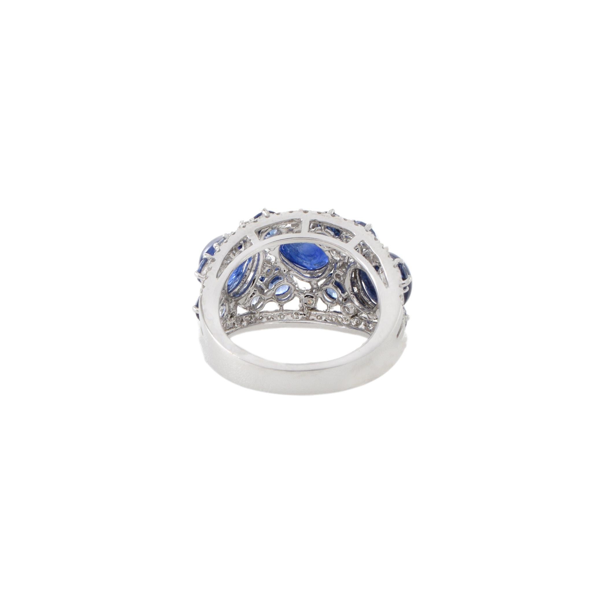 18KT White Gold Cabochon Blue Sapphire And Diamond Ring For Sale 5