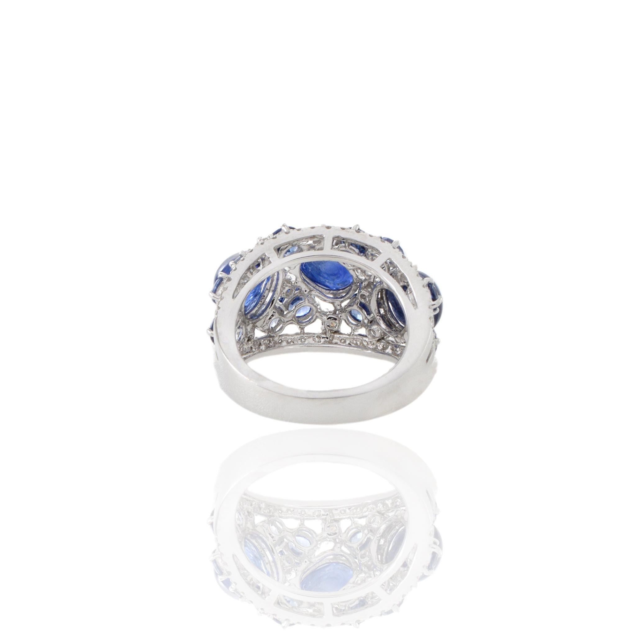 18KT White Gold Cabochon Blue Sapphire And Diamond Ring For Sale 6
