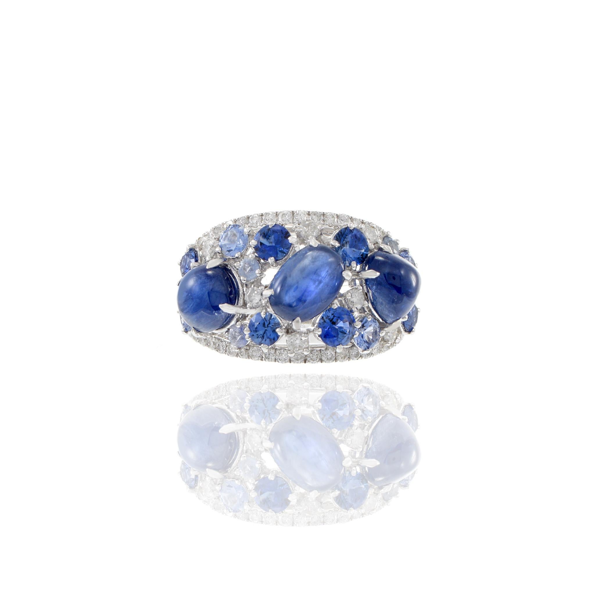Modern 18KT White Gold Cabochon Blue Sapphire And Diamond Ring For Sale