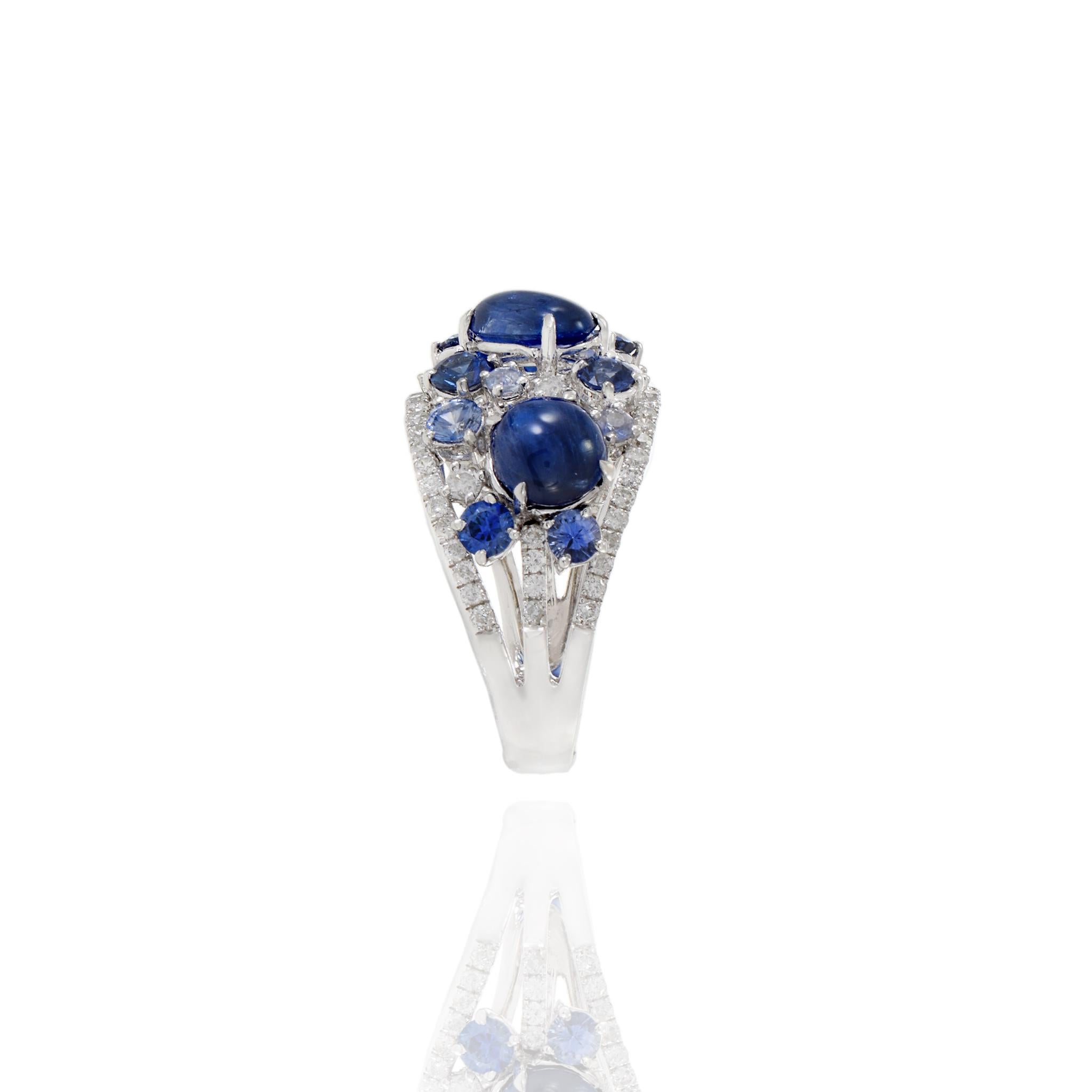 18KT White Gold Cabochon Blue Sapphire And Diamond Ring For Sale 4