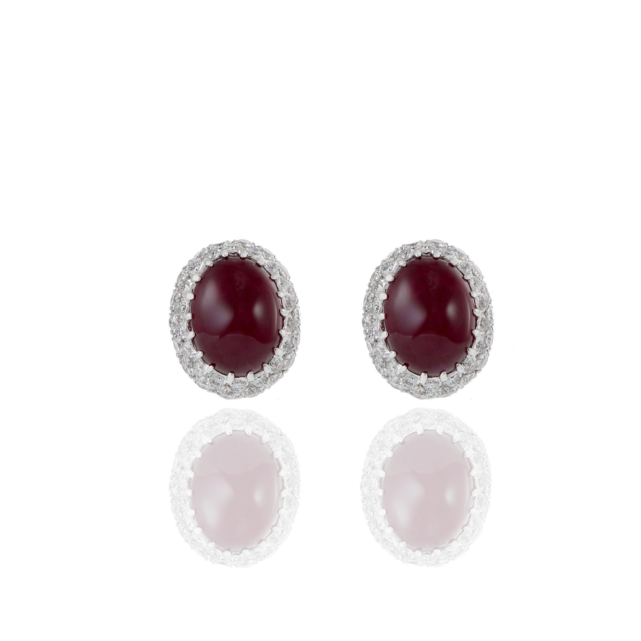 Modern 18KT White Gold Cabochon Burmese Ruby And Diamond Earrings For Sale