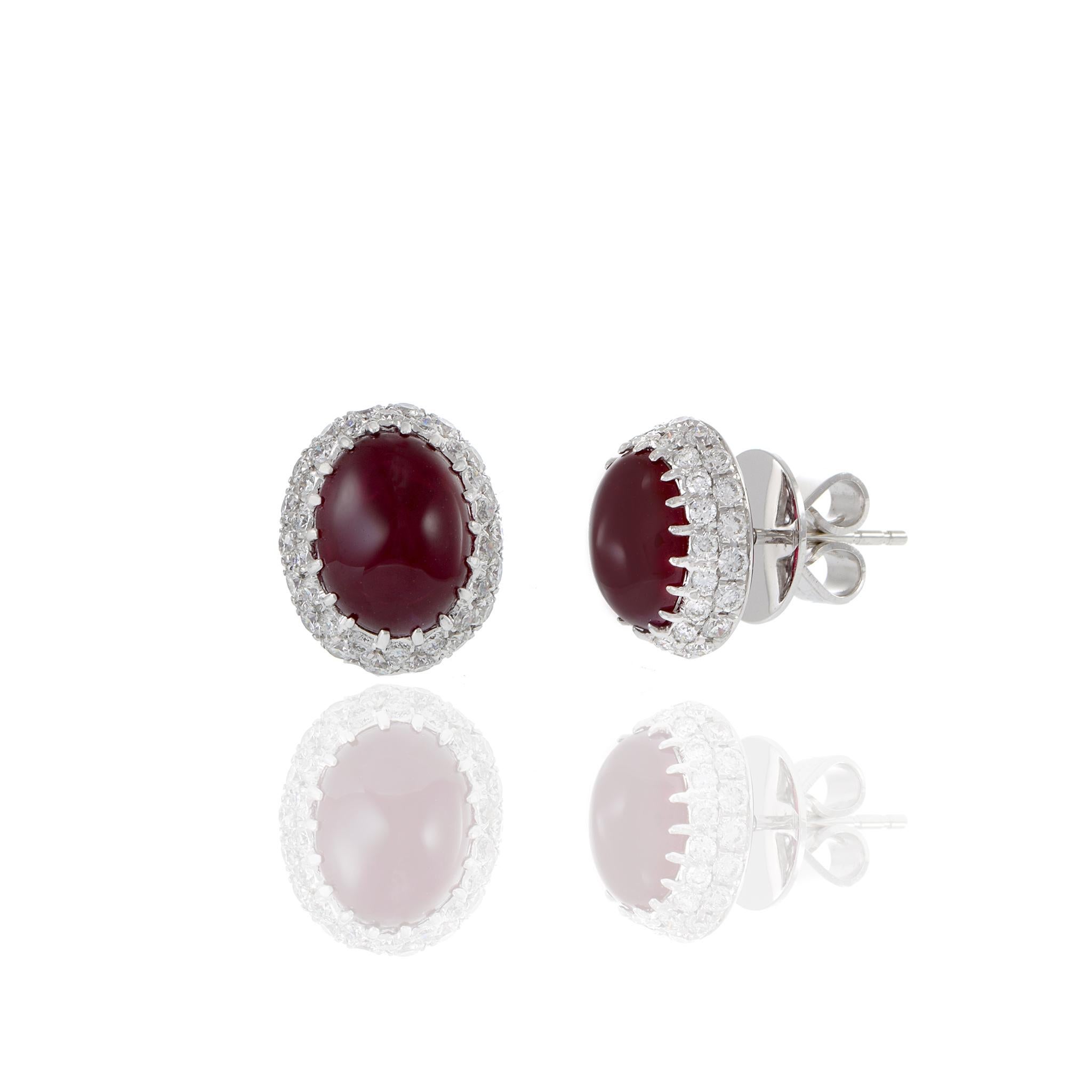 18KT White Gold Cabochon Burmese Ruby And Diamond Earrings In New Condition For Sale In New York, NY