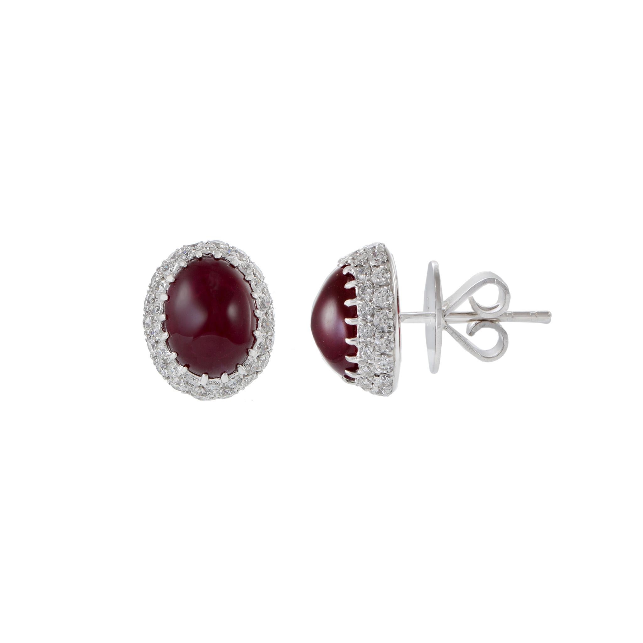 Women's or Men's 18KT White Gold Cabochon Burmese Ruby And Diamond Earrings For Sale
