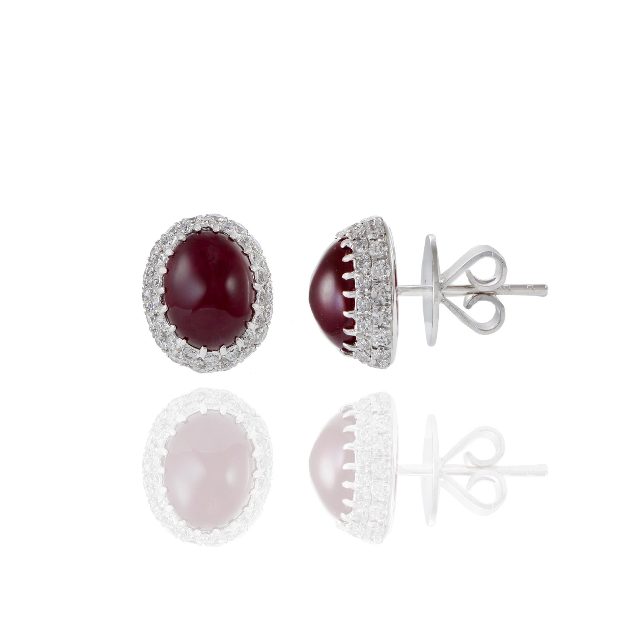 18KT White Gold Cabochon Burmese Ruby And Diamond Earrings For Sale 1