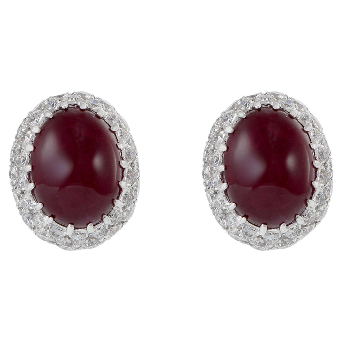 18KT White Gold Cabochon Burmese Ruby And Diamond Earrings