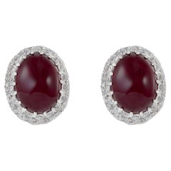 18KT White Gold Cabochon Burmese Ruby And Diamond Earrings