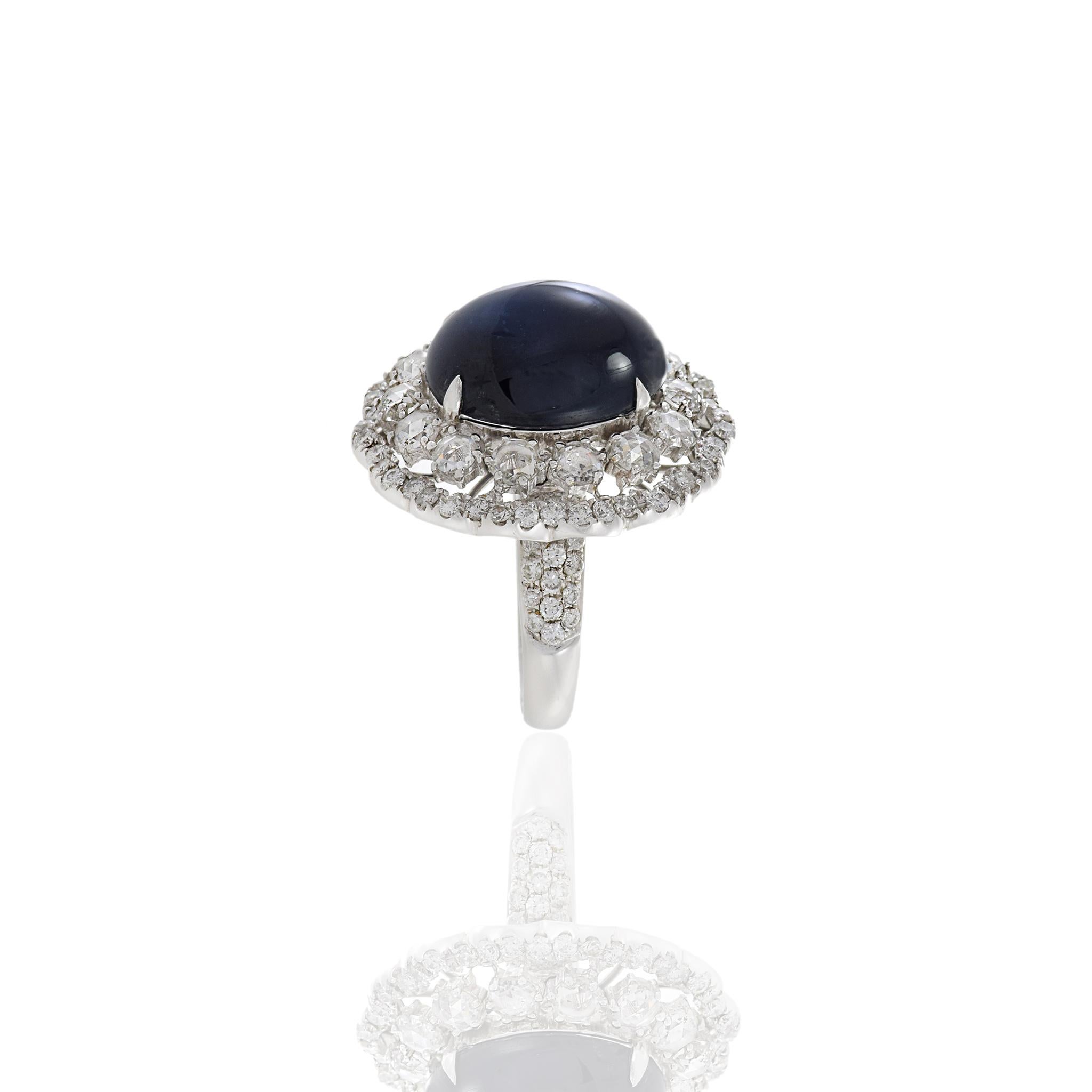 18KT White Gold Cabochon Cut Blue Sapphire And Diamond Ring For Sale 5