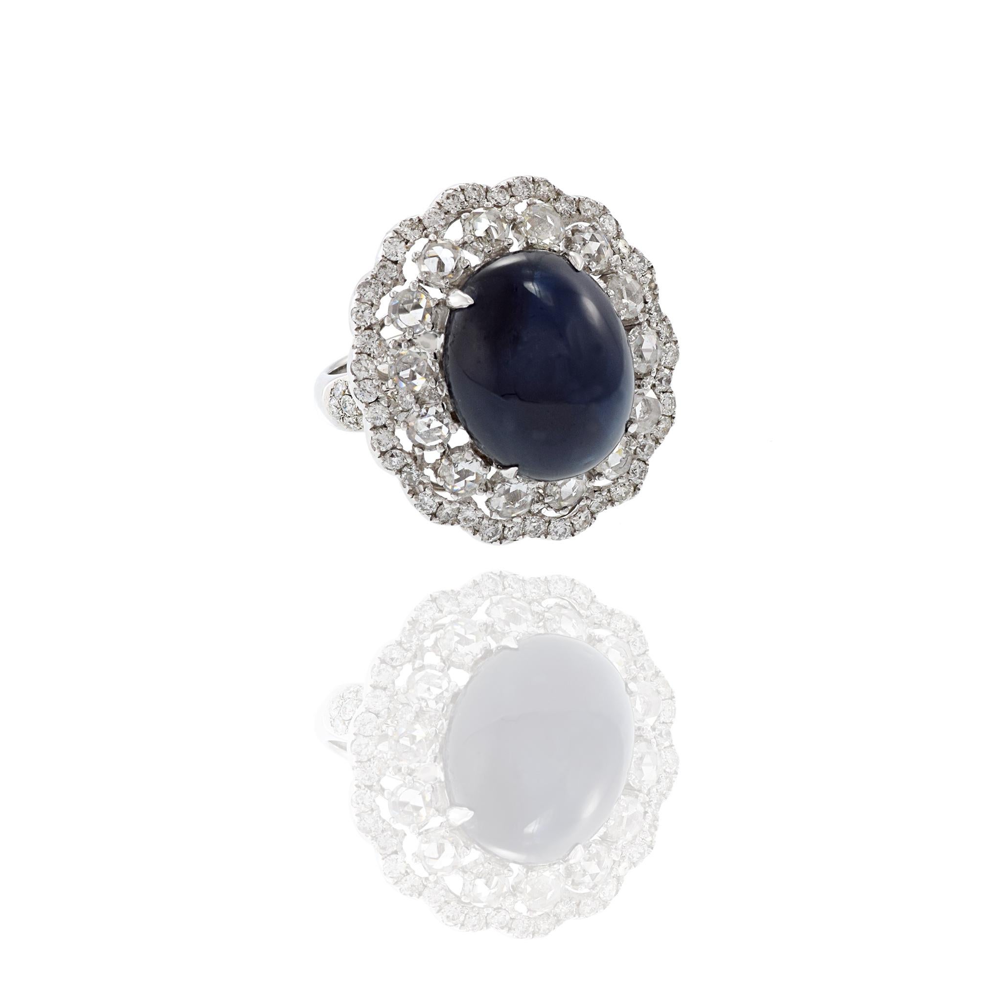Modern 18KT White Gold Cabochon Cut Blue Sapphire And Diamond Ring For Sale
