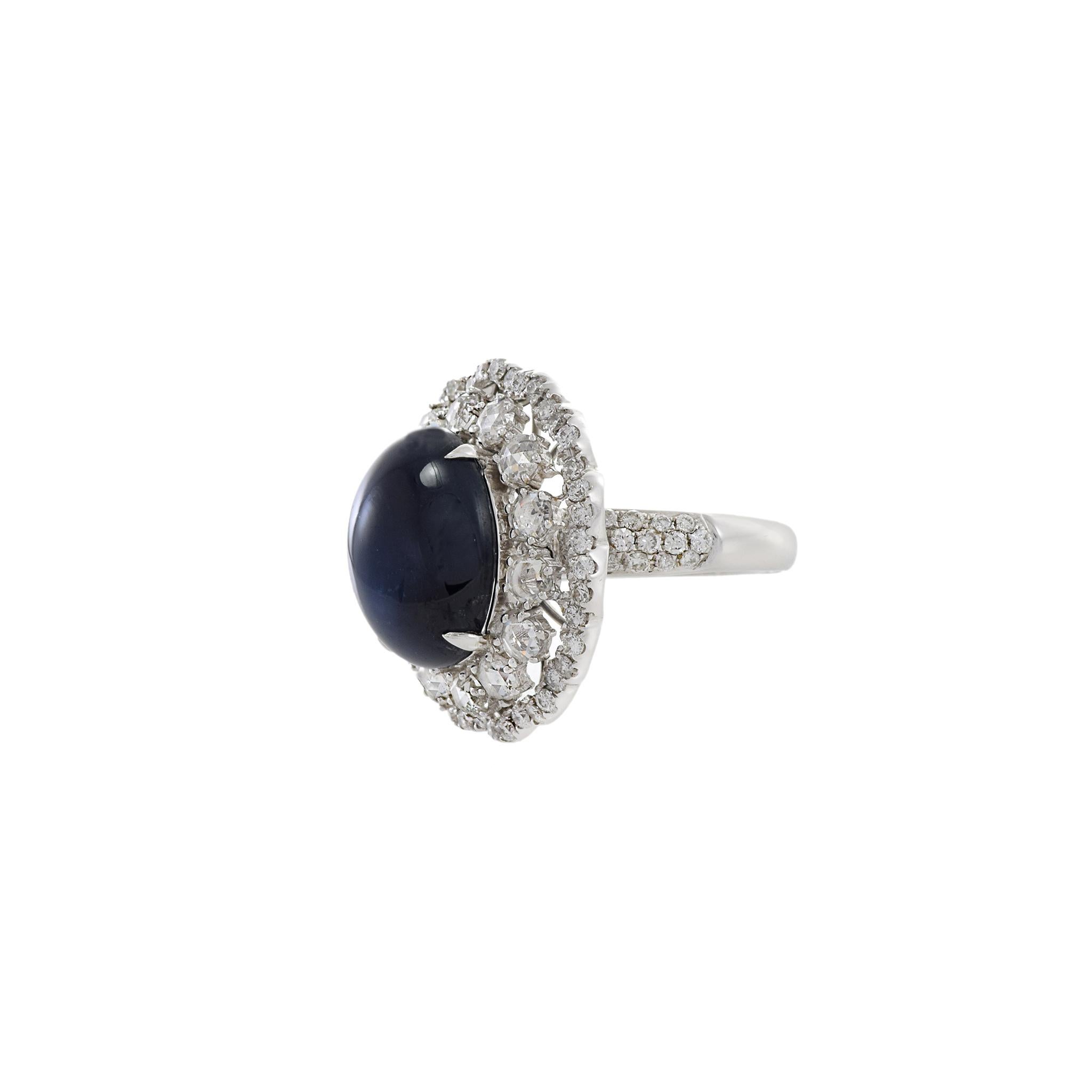 18KT White Gold Cabochon Cut Blue Sapphire And Diamond Ring In Excellent Condition For Sale In New York, NY