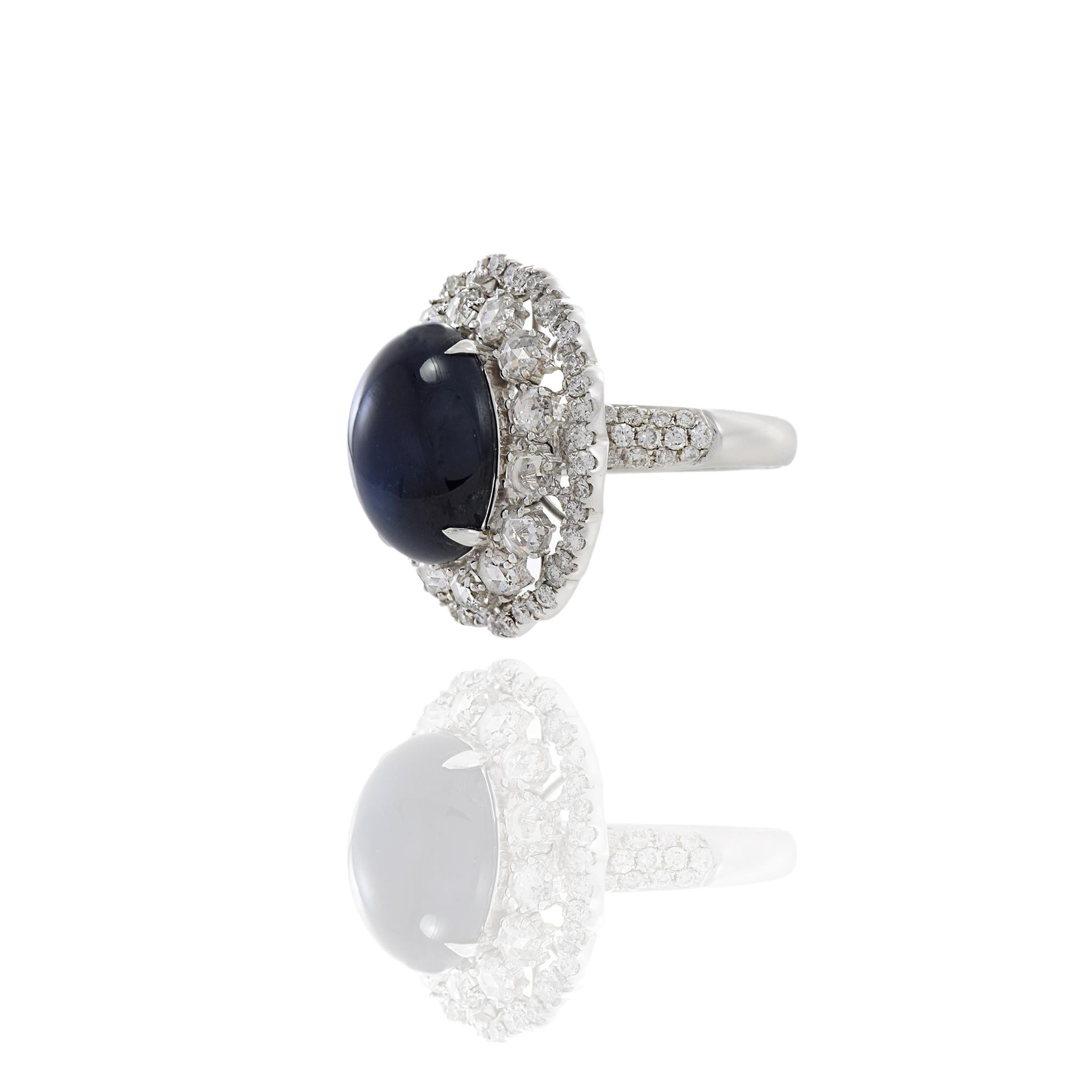 Women's or Men's 18KT White Gold Cabochon Cut Blue Sapphire And Diamond Ring For Sale