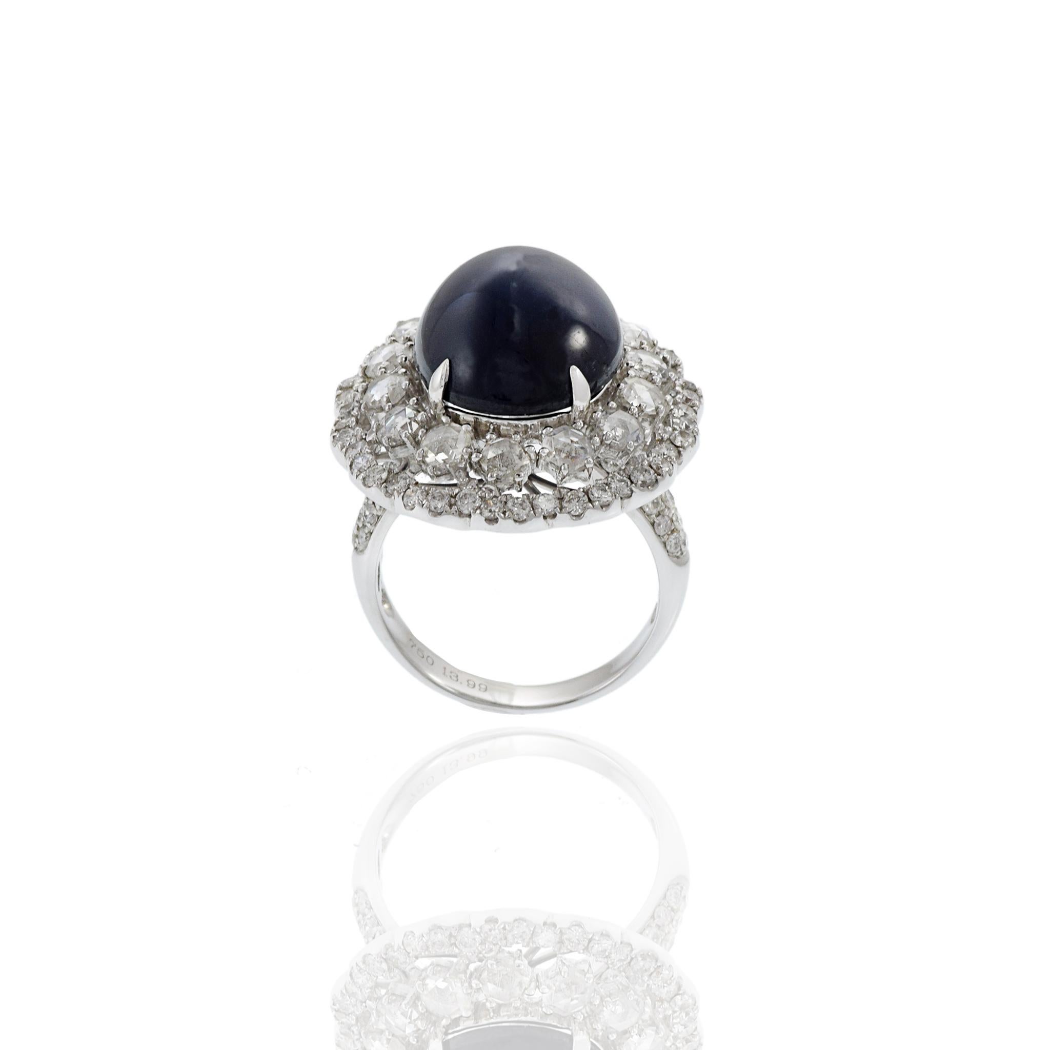 18KT White Gold Cabochon Cut Blue Sapphire And Diamond Ring For Sale 1