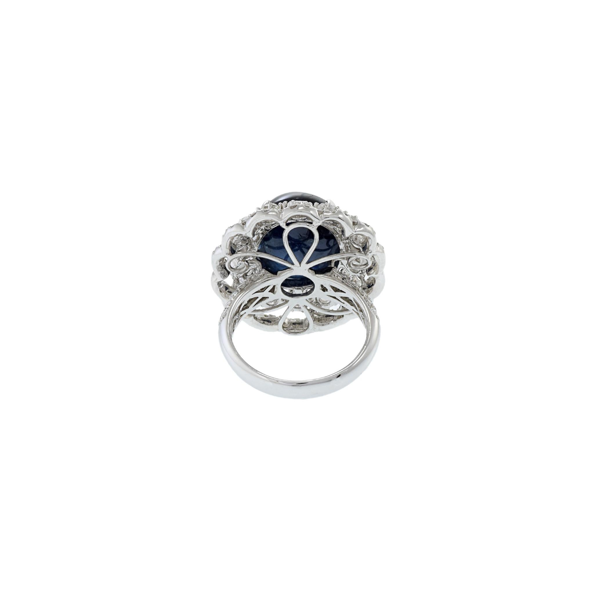 18KT White Gold Cabochon Cut Blue Sapphire And Diamond Ring For Sale 2