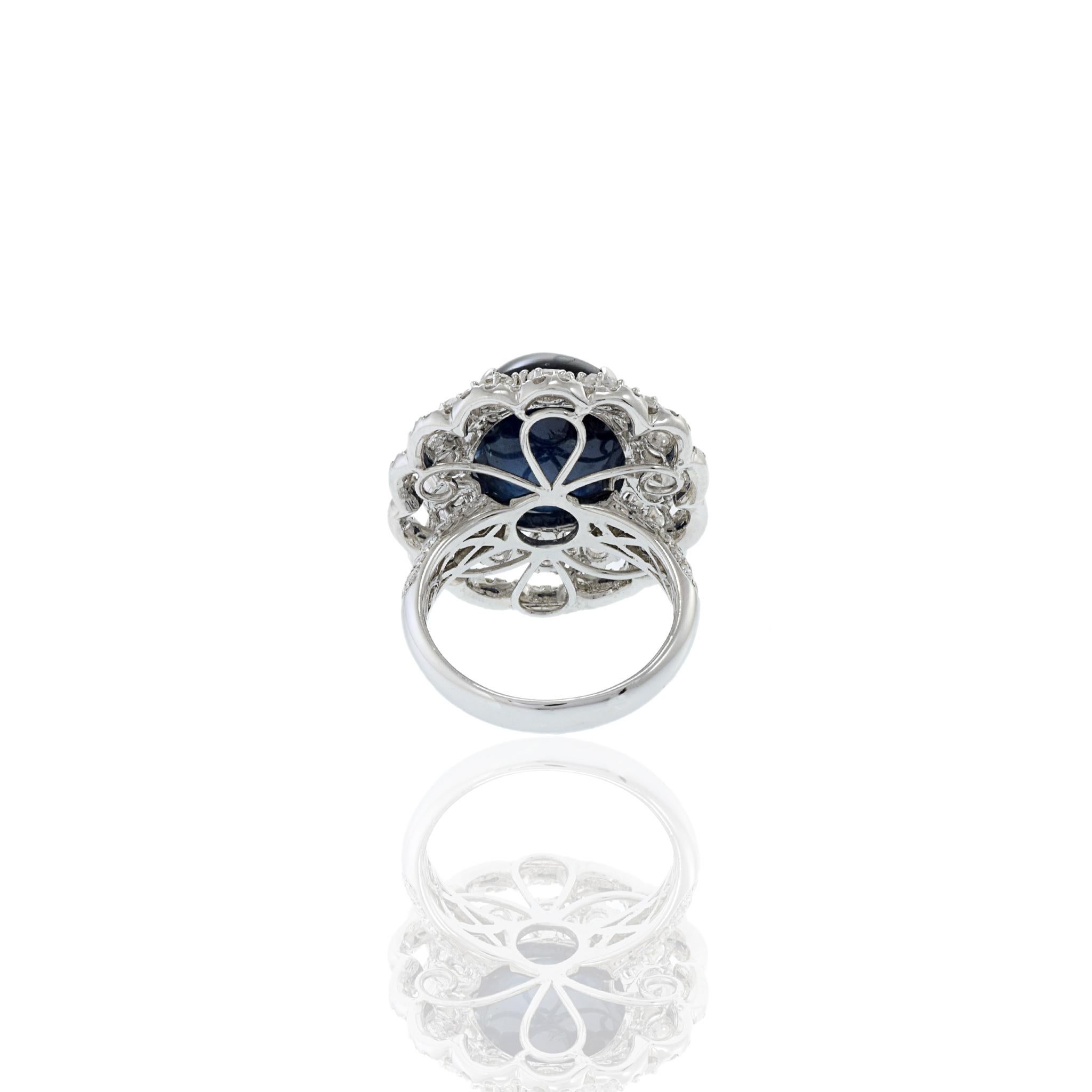 18KT White Gold Cabochon Cut Blue Sapphire And Diamond Ring For Sale 3