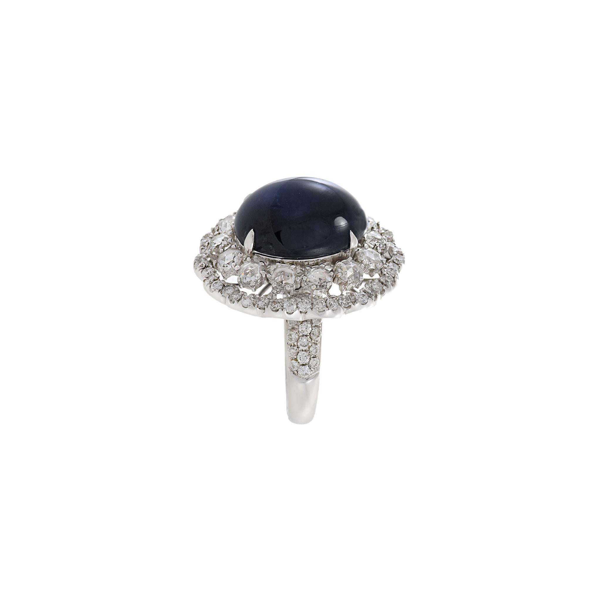 18KT White Gold Cabochon Cut Blue Sapphire And Diamond Ring For Sale 4