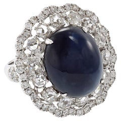 18KT White Gold Cabochon Cut Blue Sapphire And Diamond Ring