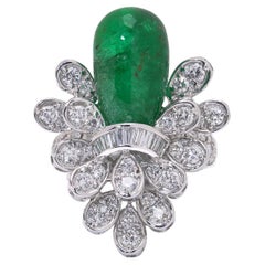 18kt White Gold Cabochon Emerald and Diamond Cluster Ring