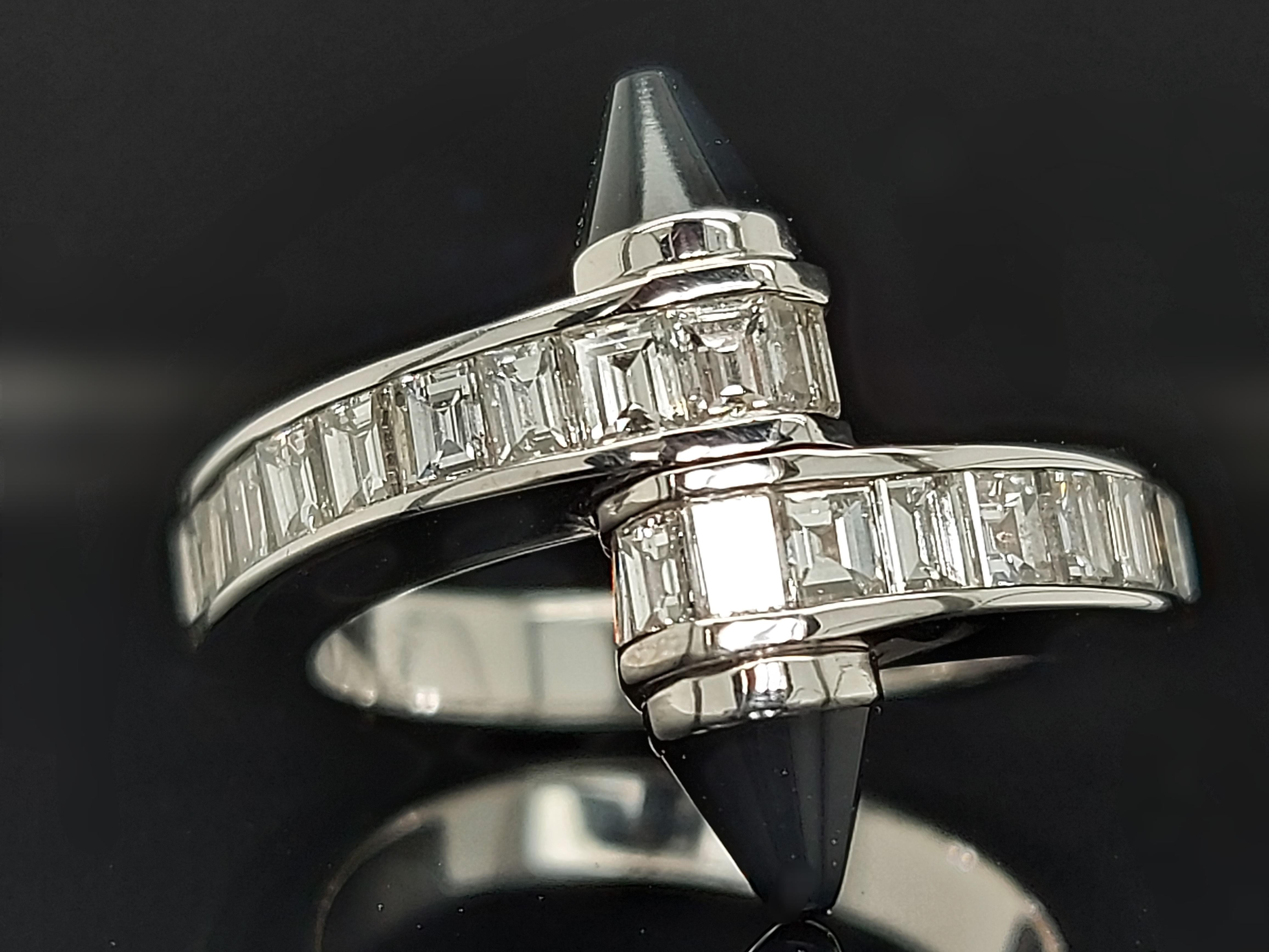 Women's or Men's 18 Karat White Gold Cartier Menotte Baguette Diamond and Onyx Ring