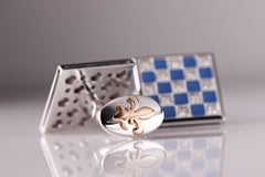 18kt White Gold Checkerboard Cufflinks with Blue Enamel & Diamonds