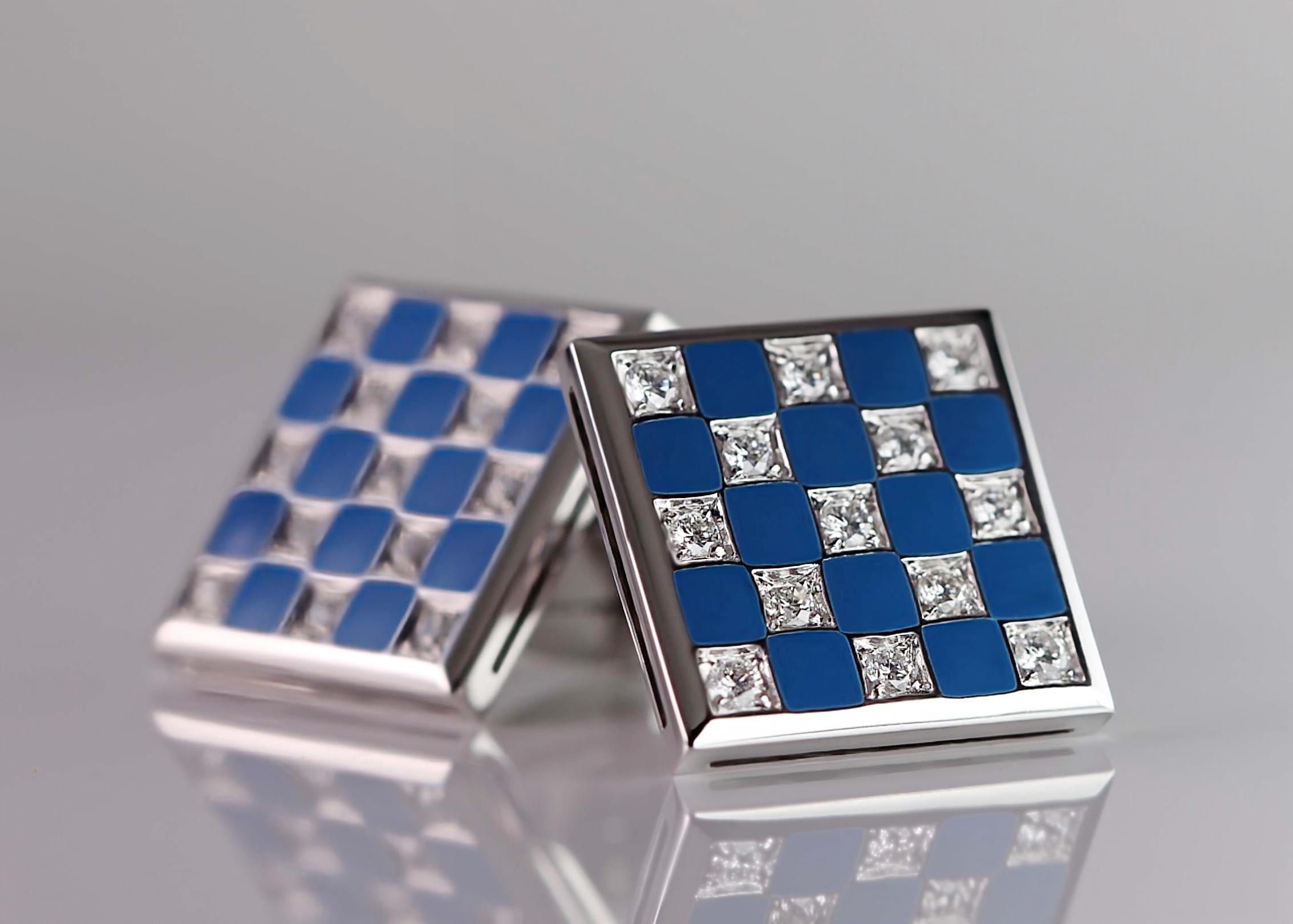 Contemporary 18kt White Gold Checkerboard Cufflinks with Blue Enamel & Diamonds For Sale